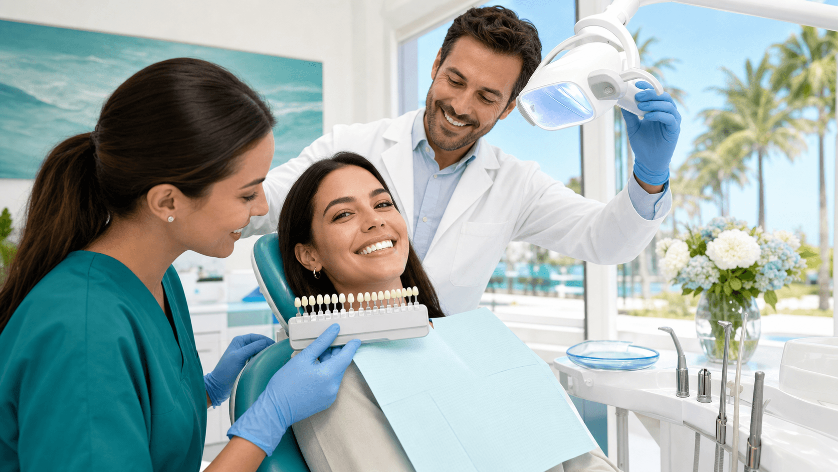 Smiling woman with bright white teeth in sunlight, holding whitening strips against a soft blue summer background.