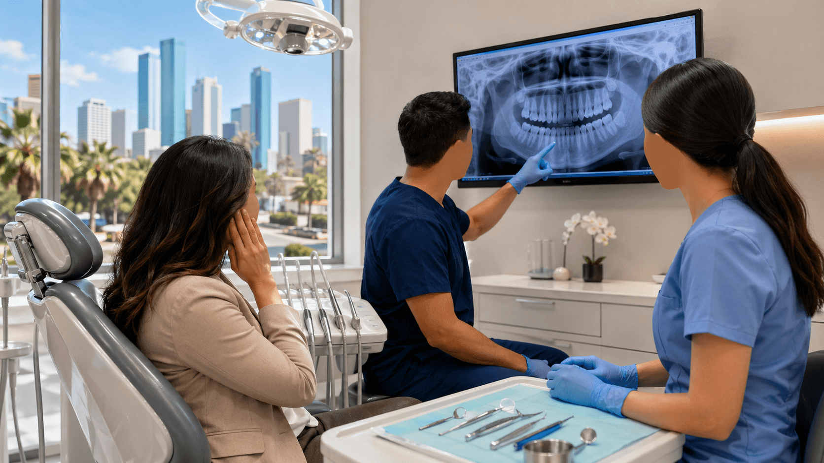 Close-up of a molar with a red pain glow, dental tools nearby, and a Houston skyline silhouette in the background.