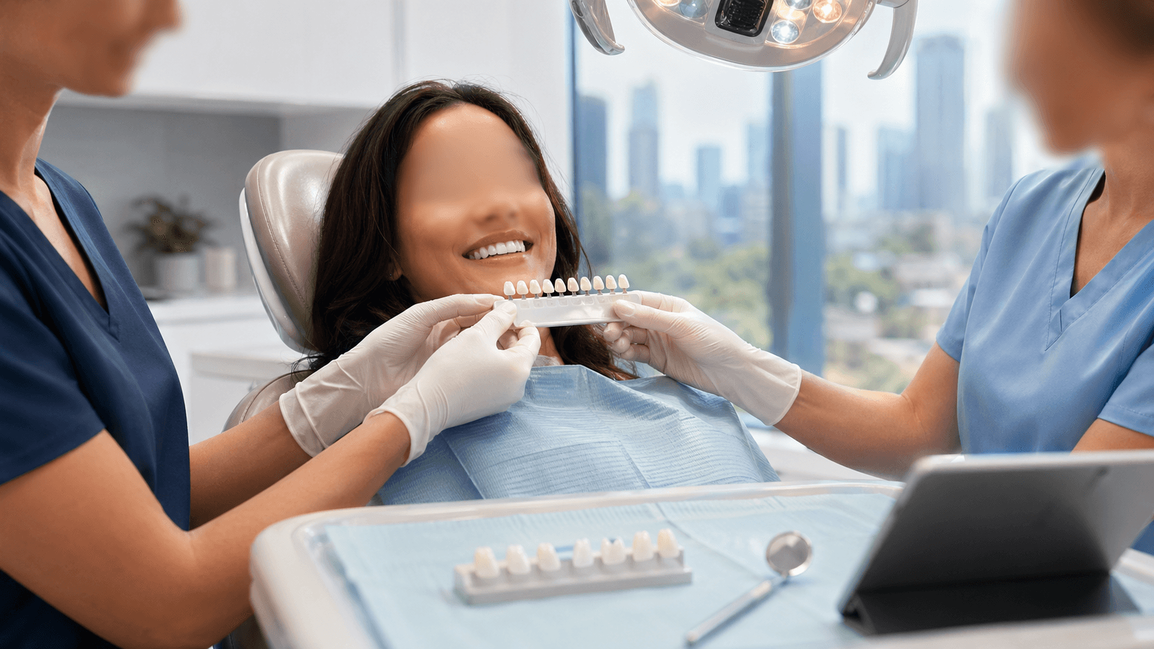 Close-up of a smiling mouth with bright white teeth and porcelain veneers, clean white background and soft lighting