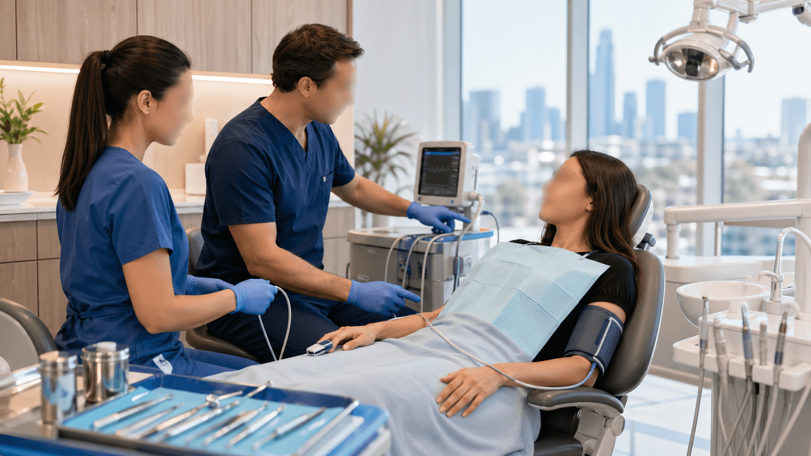 Smiling patient in a dental chair with a dentist wearing mask and gloves, bright clinical lighting and blue accents.