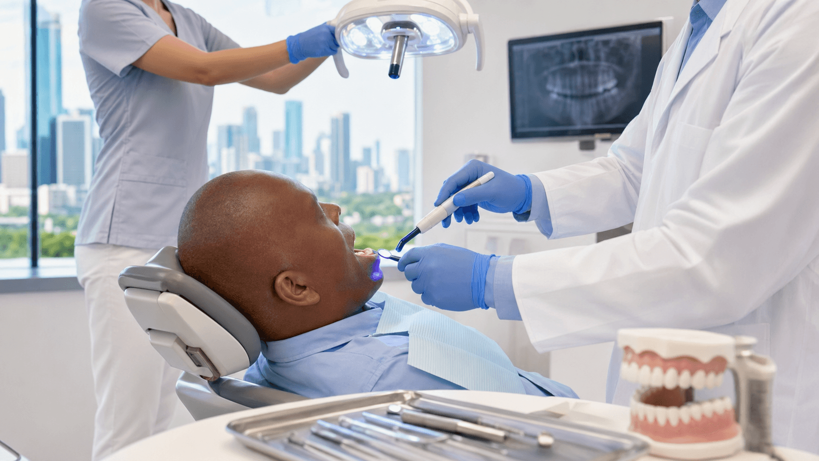 Dentist in blue gloves fitting a ceramic dental bridge on a model, bright clinic lighting, close-up view