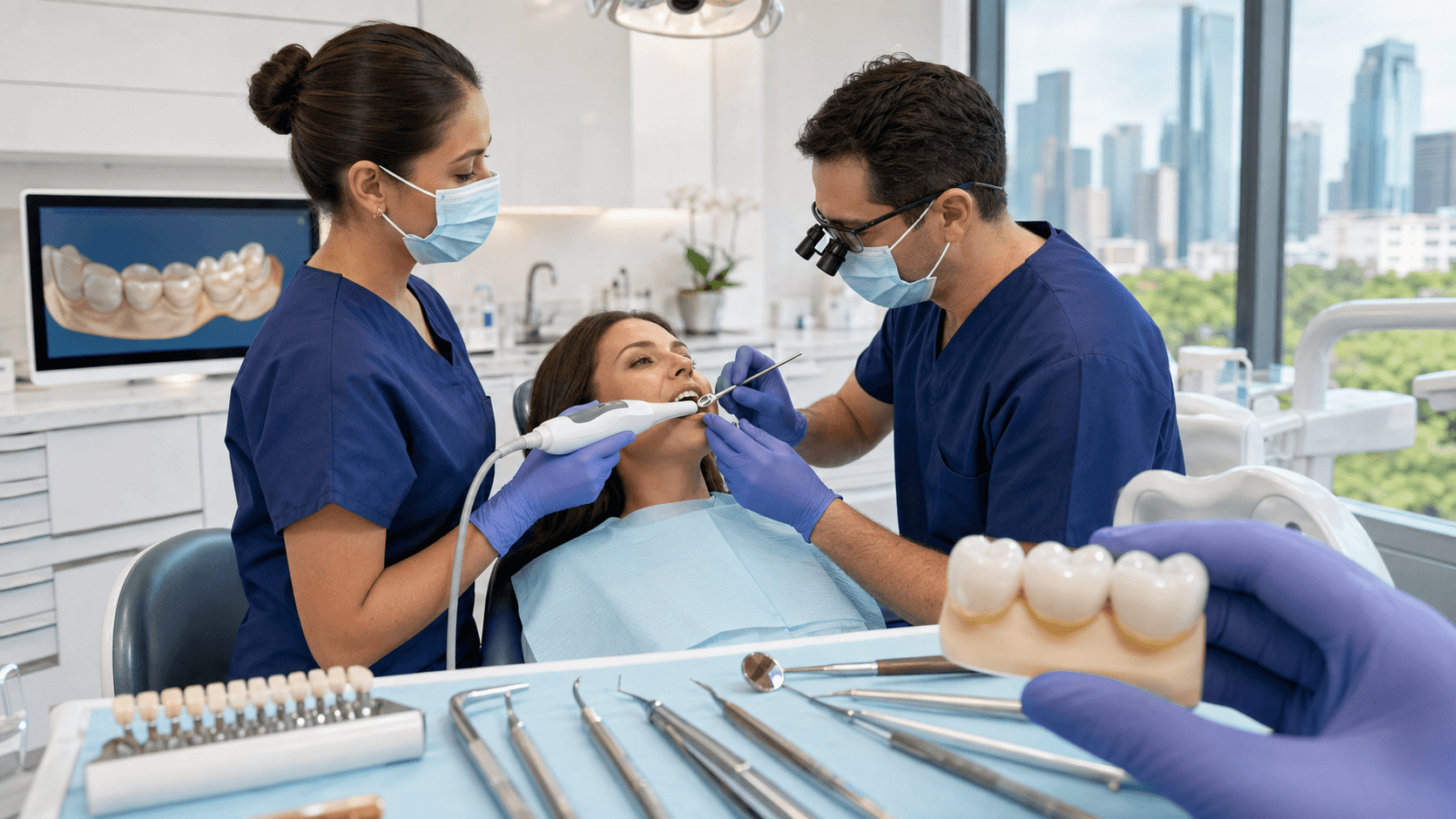 Smiling person in a dental chair as a gloved dentist examines teeth under bright overhead clinic lighting.