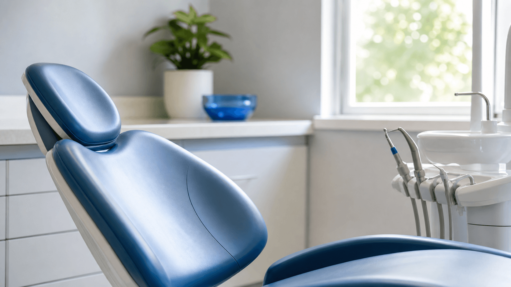 Smiling dentist in blue scrubs holds a syringe beside a reclined patient in a bright white dental office.