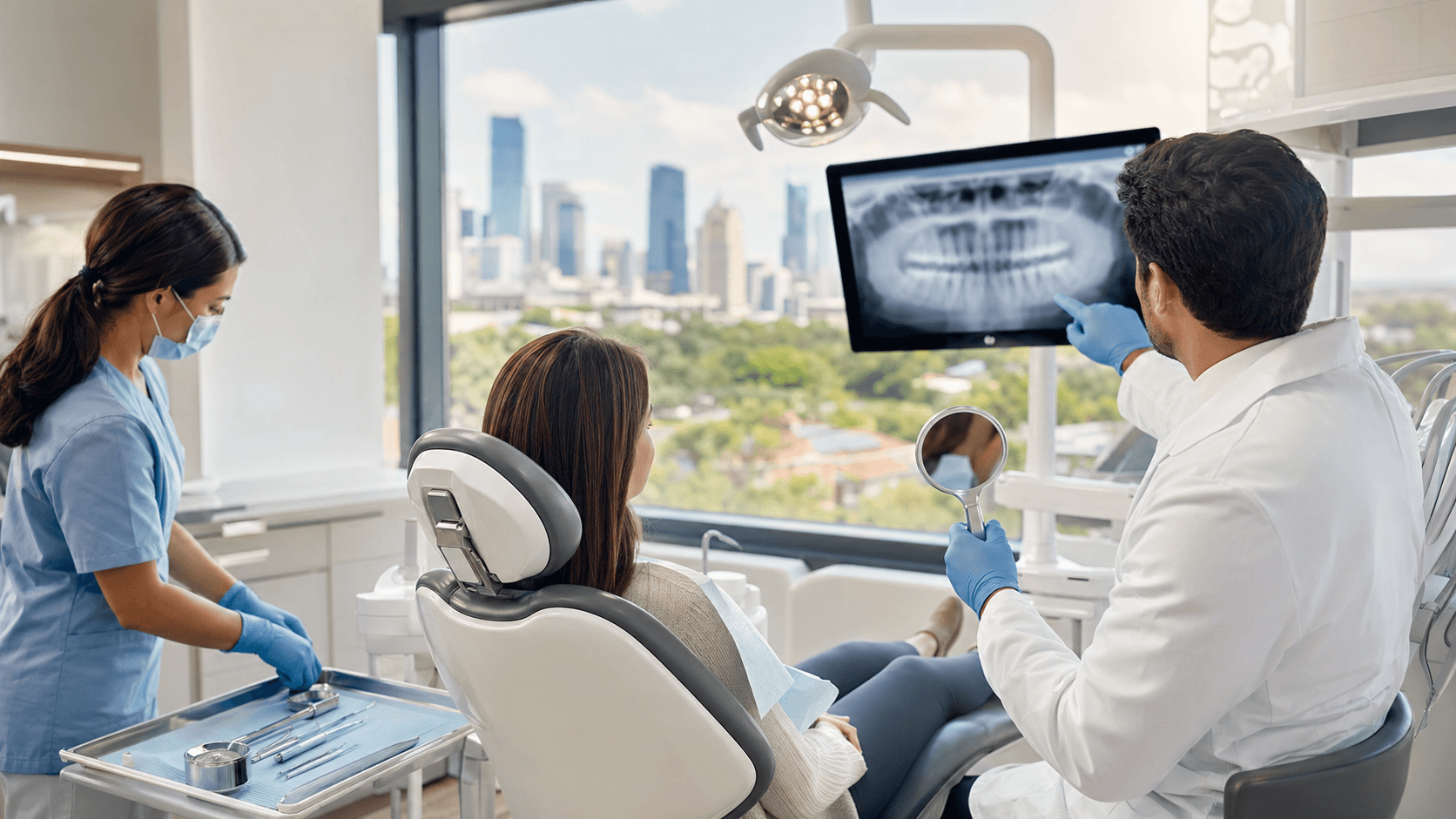 Smiling dentist in a white coat holds a tooth model in a bright clinic with soft blue accents and clean lighting.
