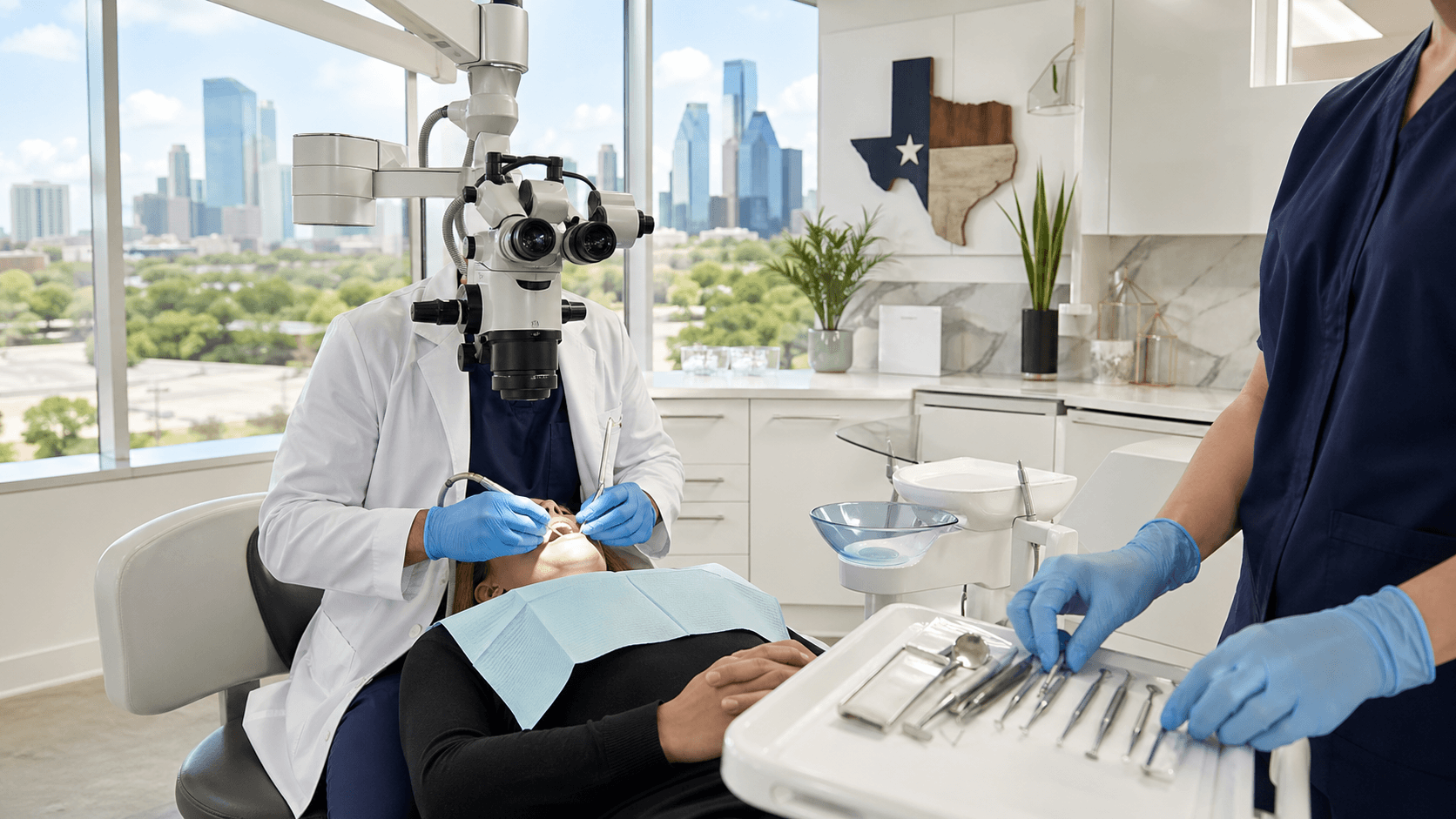 Close-up of a dentist using tools on a patient’s tooth under bright exam light in a clean, modern clinic.