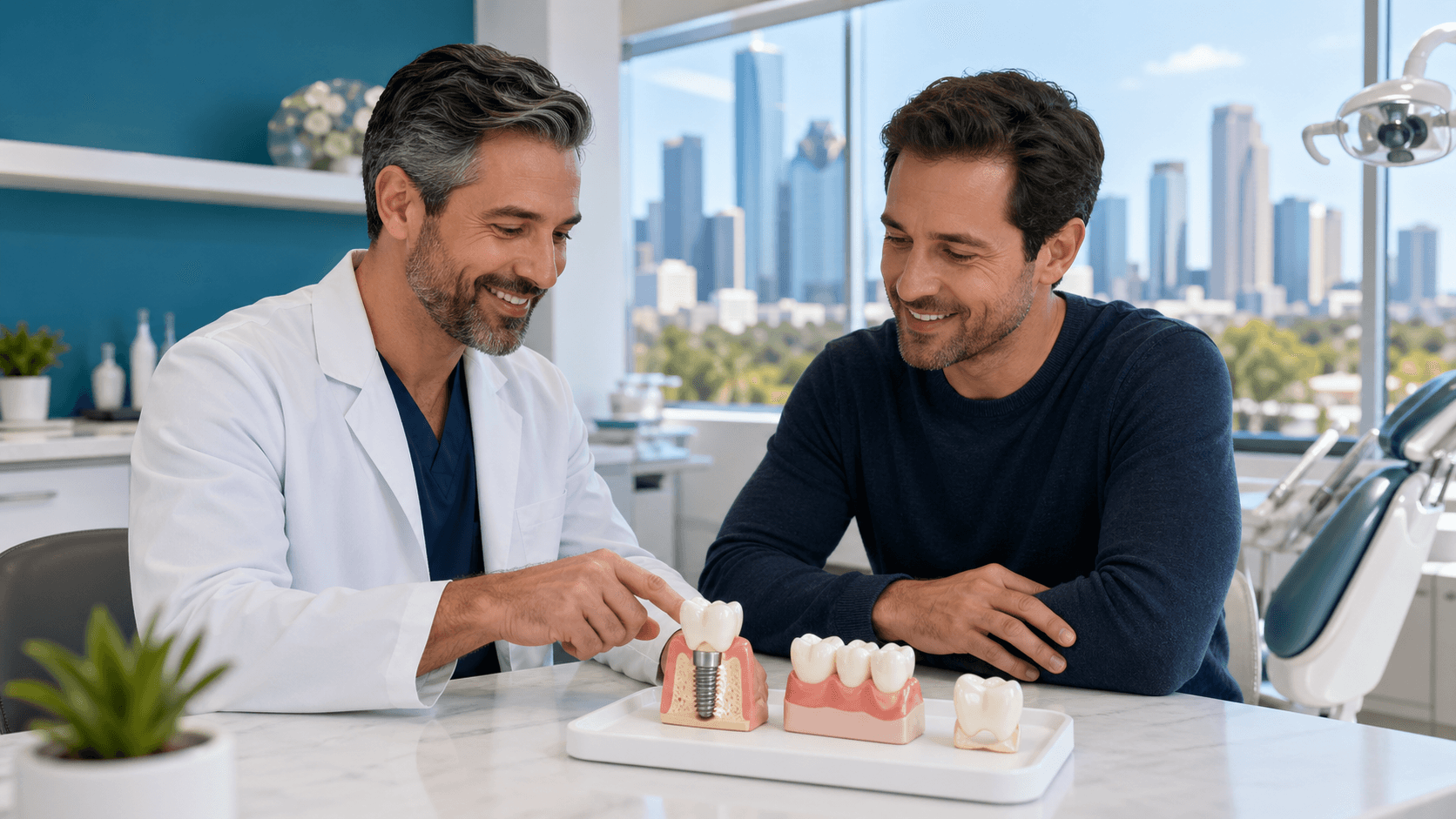 Bright, clean dental clinic scene with a dentist holding a tooth model and tools against a white and blue background.