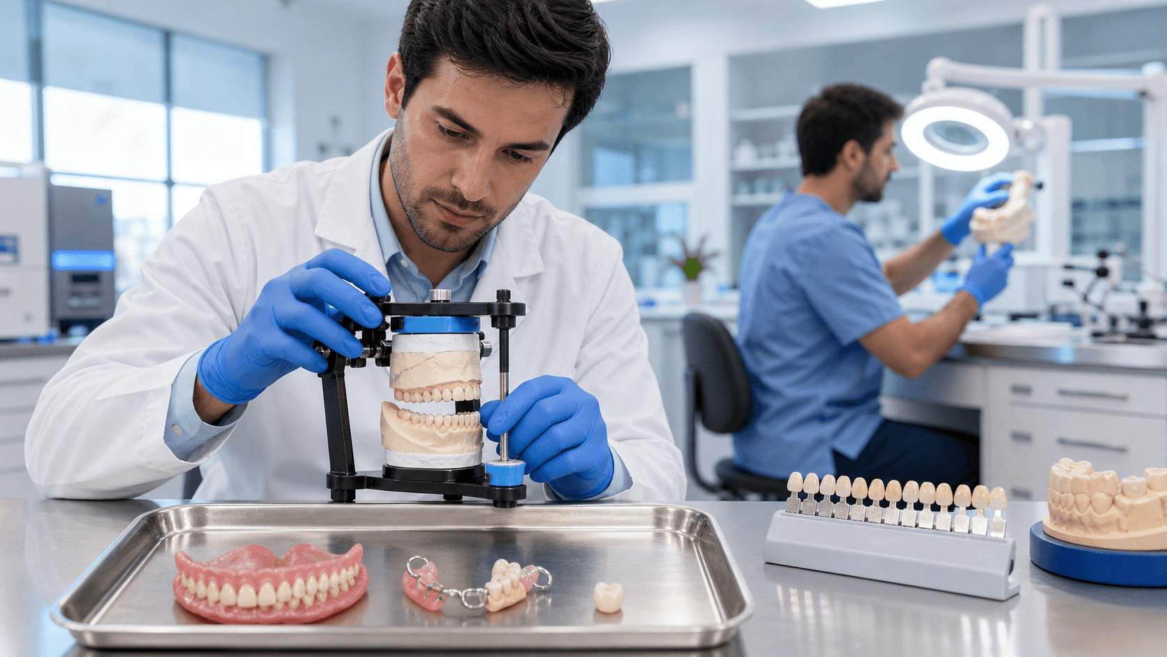 Close-up of assorted dentures and dental models on a white surface under bright clinical lighting.