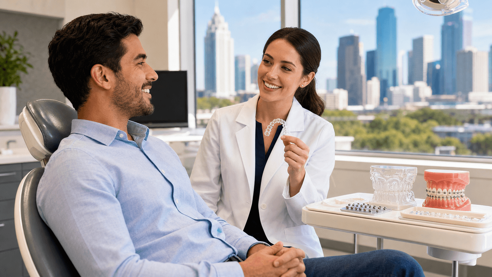 Smiling person in a dental chair as an orthodontist examines teeth under bright clinic lights, blue tools in hand.