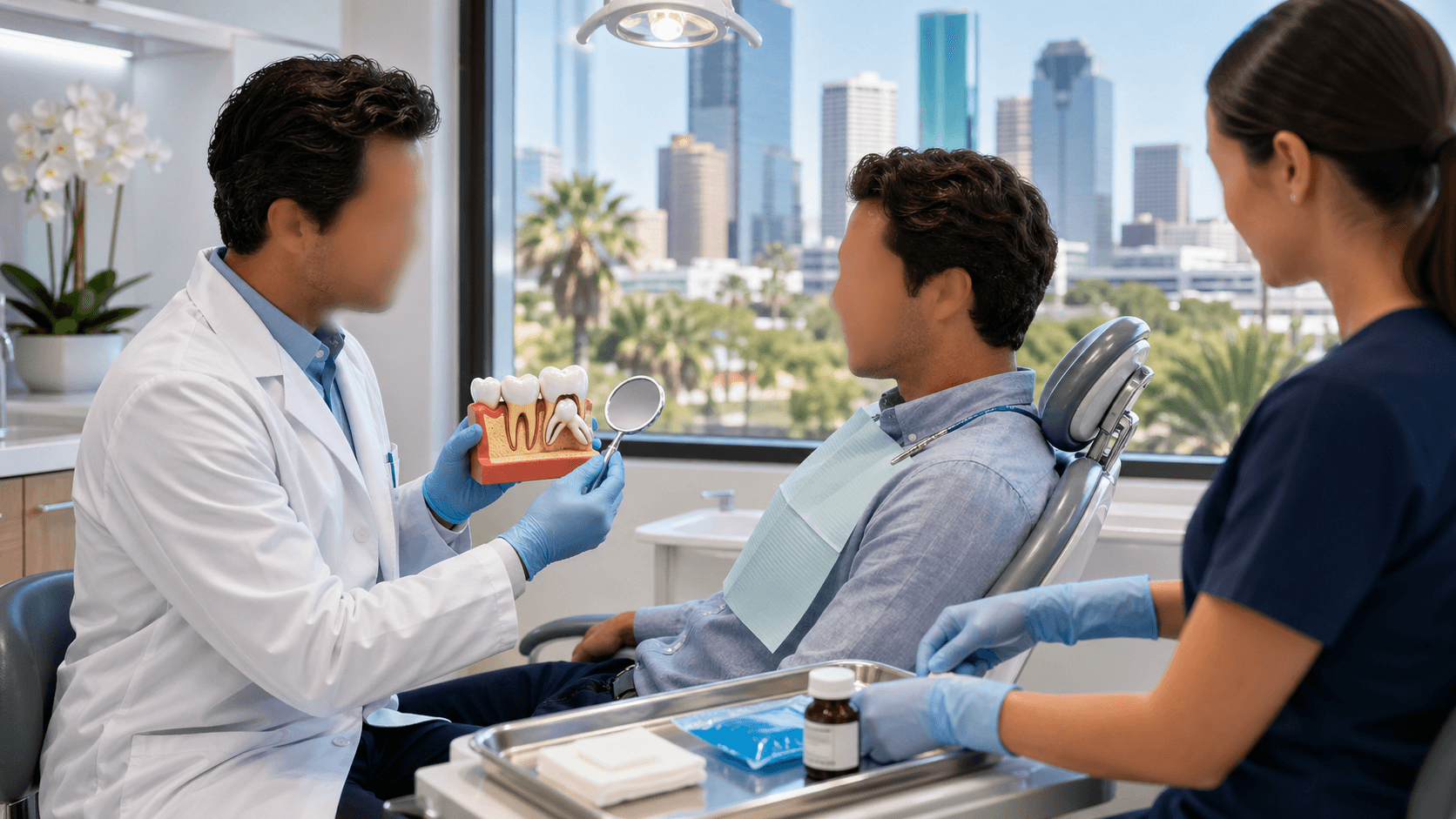 Smiling patient in a dental chair under bright lights, dentist holding tools with a Houston skyline in the background.