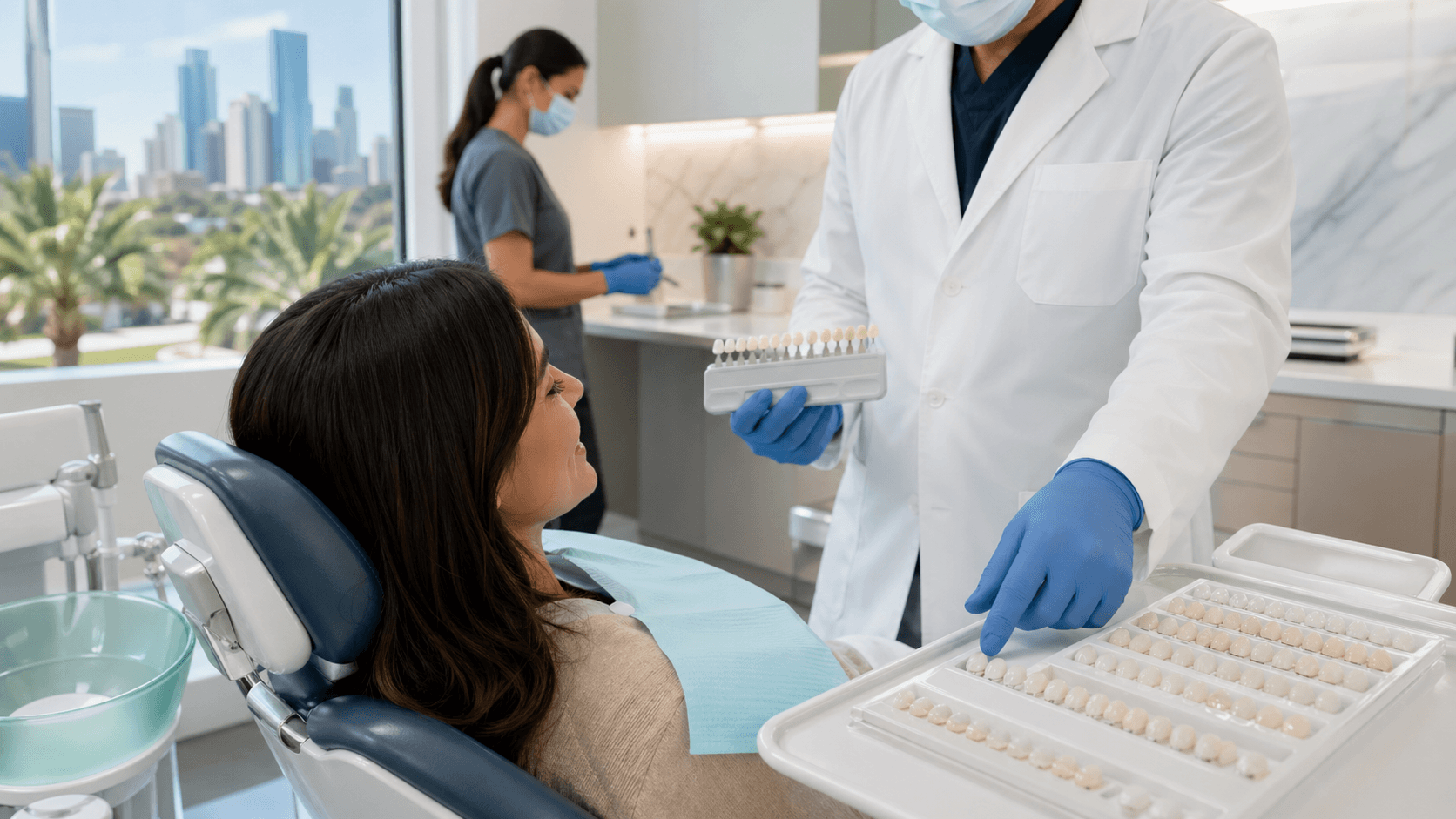 Smiling woman with bright white teeth in a dental chair, dentist in gloves holding a veneer shade guide under soft lighting.