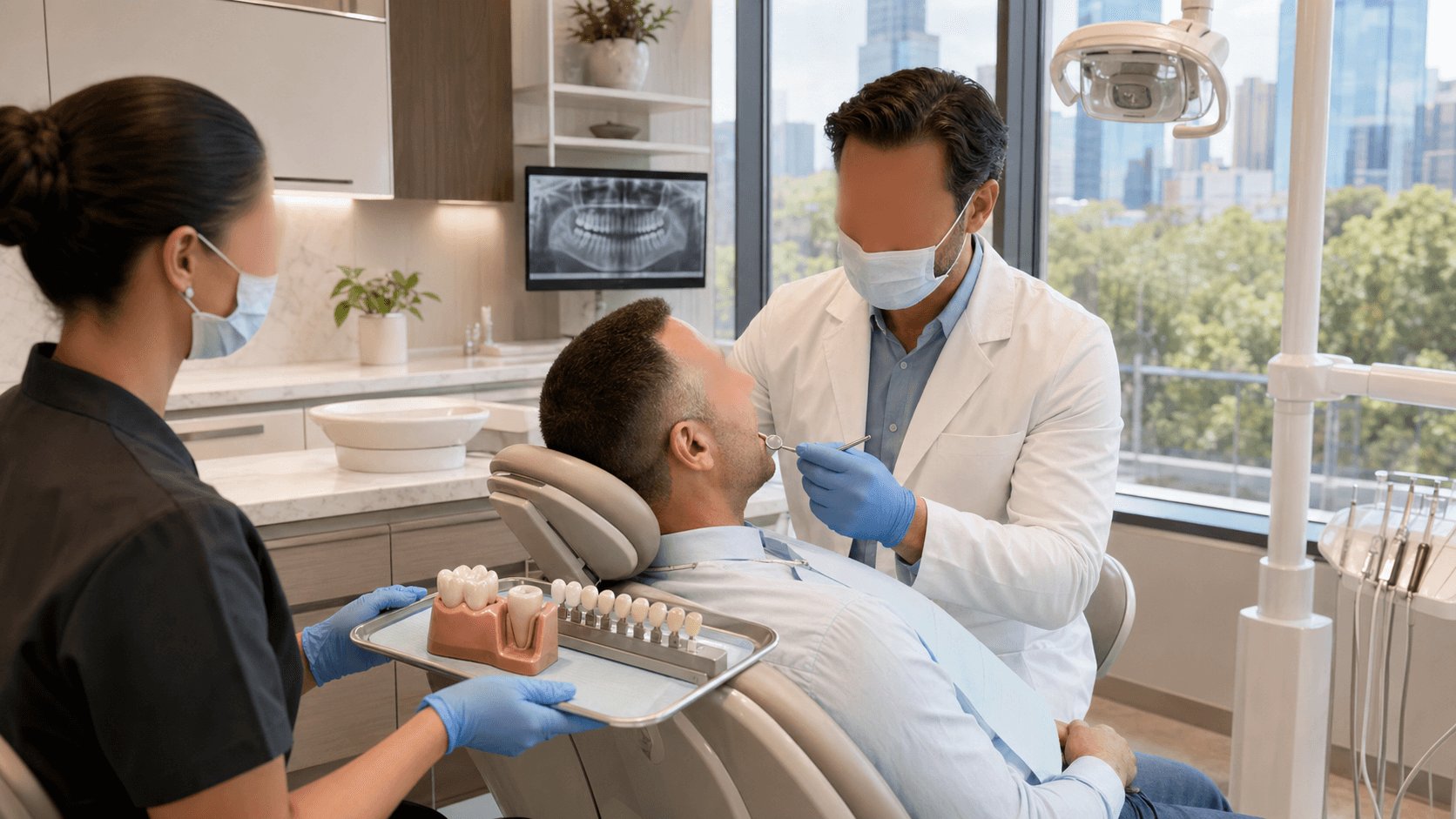 Dentist in gloves places a ceramic crown on a molar model under bright clinic lights, with dental tools nearby.