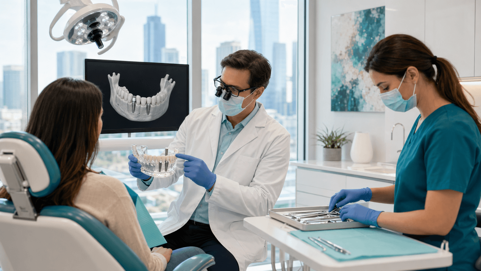 Smiling dentist in blue scrubs examines a patient's teeth in a bright white clinic with dental tools in foreground.