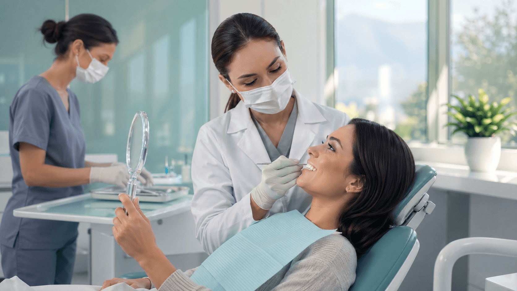 Smiling woman in a dental chair under bright clinic lights as a gloved orthodontist adjusts braces with metal tools