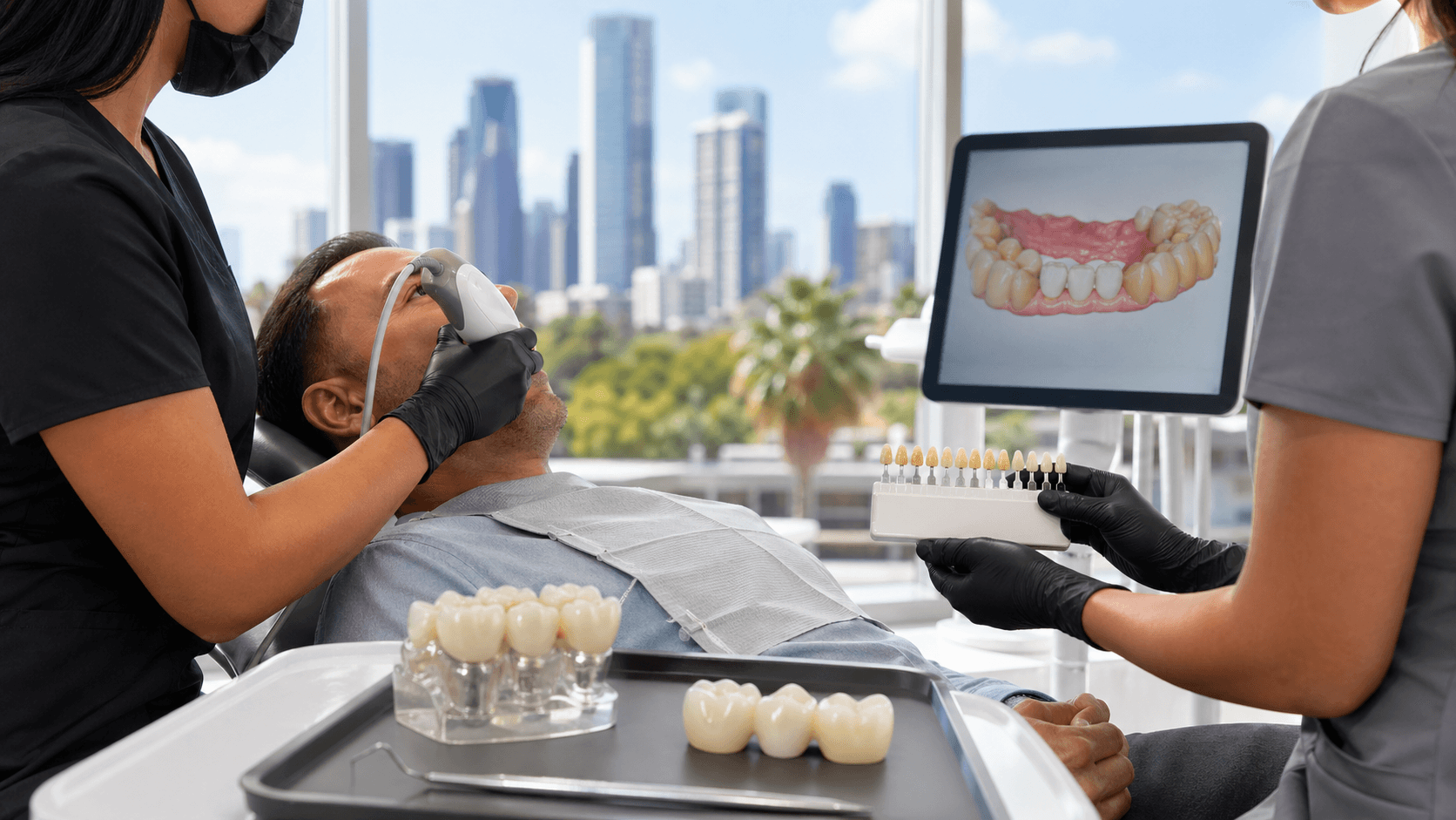Dentist in blue gloves examines a patient's teeth with a mirror under bright clinic light, close-up view.