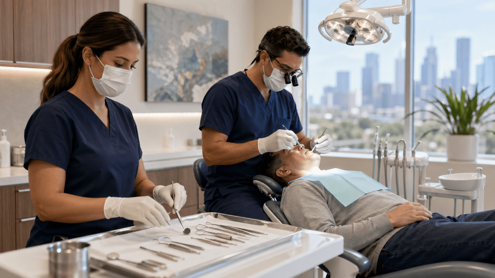 Dentist in mask extracts a tooth with forceps from a reclined patient under bright clinic lighting.