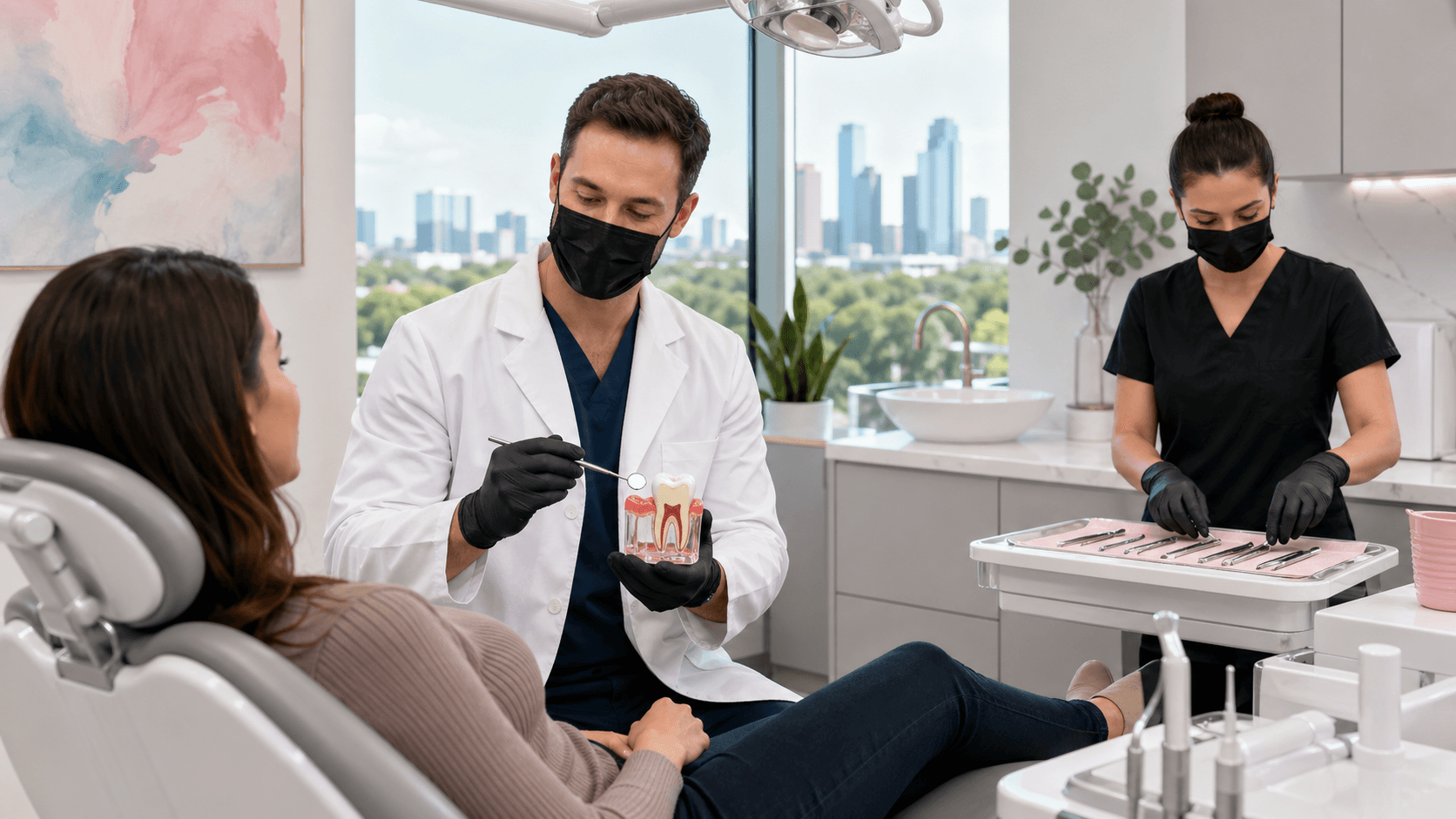 Smiling child in dental chair as a dentist in gloves holds dental tools under bright clinic lights.