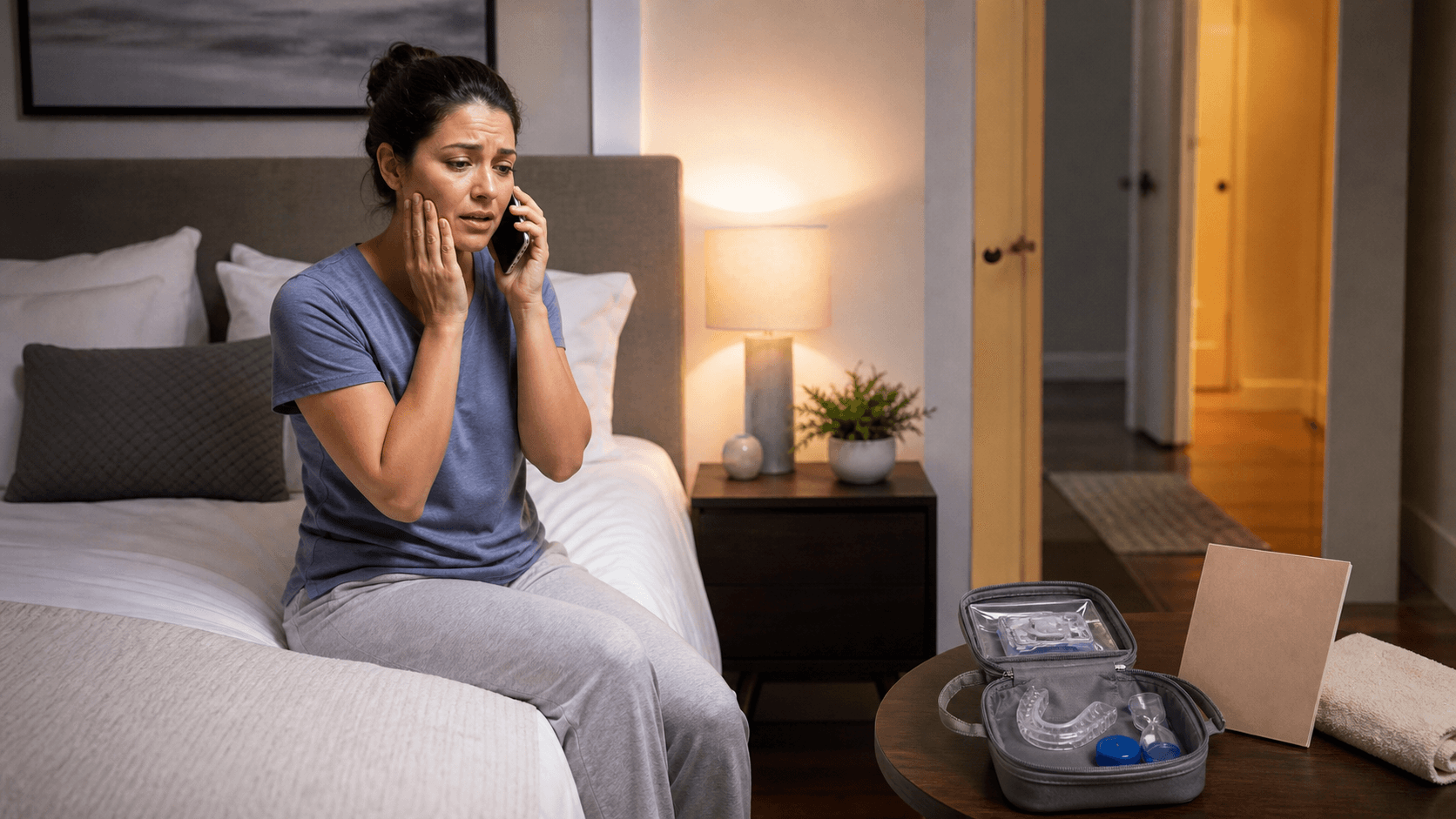 Woman clutching her cheek beside a glowing bedside clock in a dark blue bedroom.
