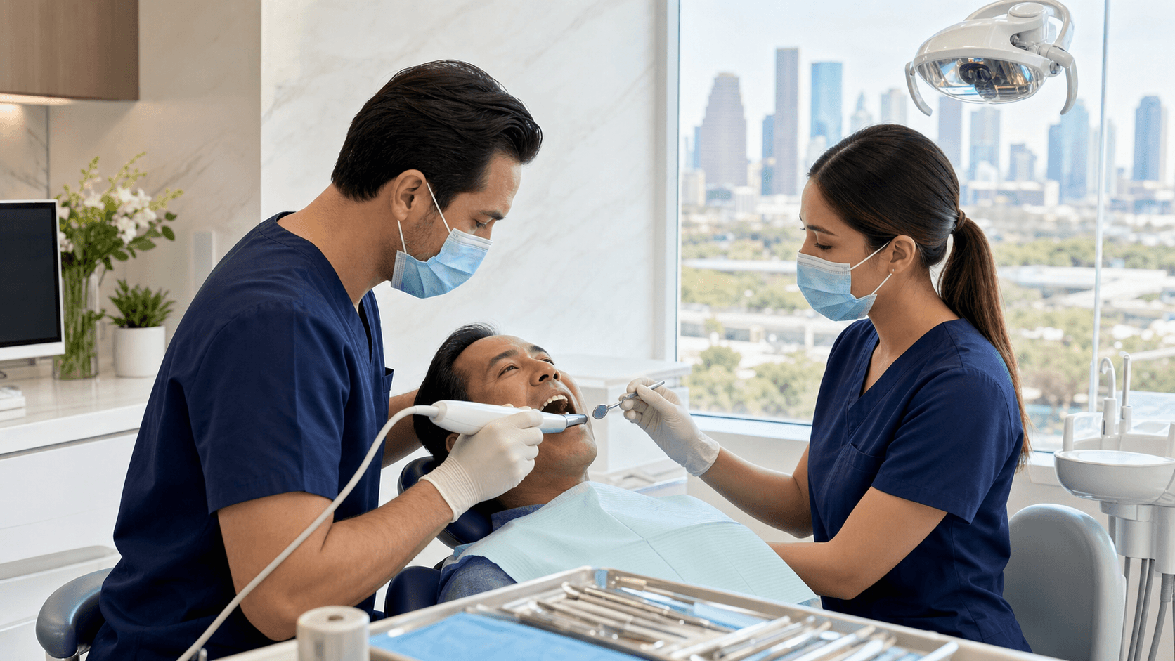 Close-up of a dentist holding dental tools near a patient's mouth, with a tooth bridge model on a blue tray.