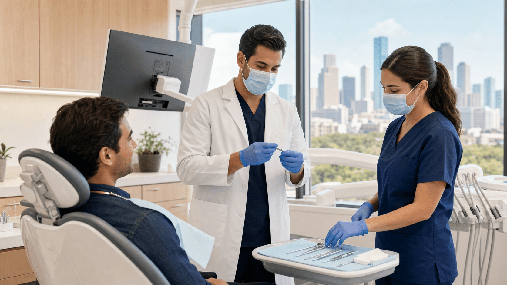 Modern dental clinic scene with a dentist in blue scrubs examining a patient under bright overhead light, city skyline outside