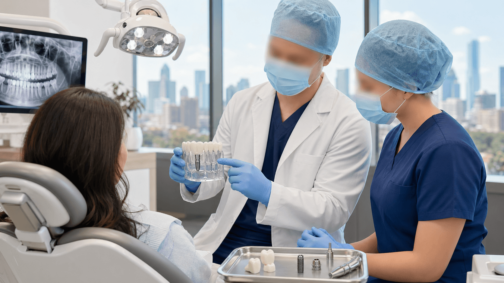 Close-up of a smiling person with a dental implant model and tools on a clean white desk under bright lighting.