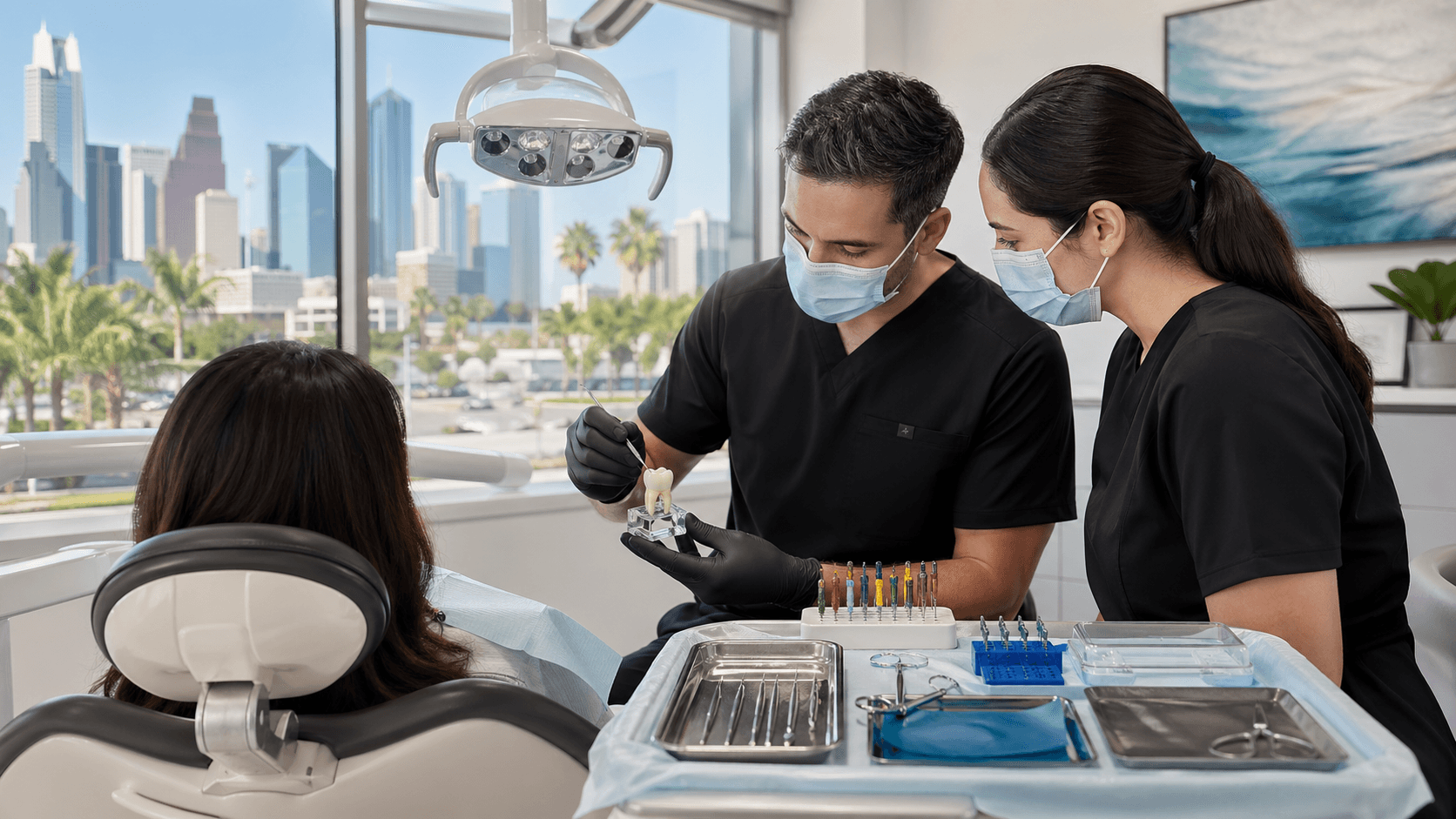 Dentist in blue scrubs examines a patient's teeth under a bright overhead light in a modern clinic.