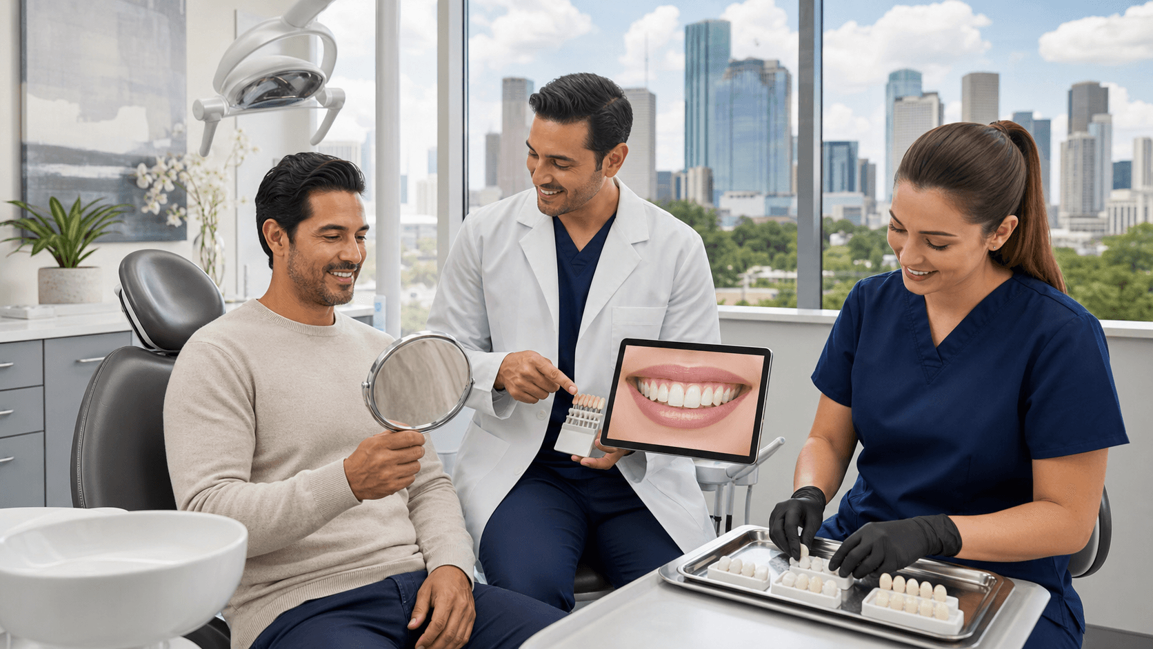 Smiling woman showing bright white teeth, with a dentist holding a shade guide in a clean white clinic.
