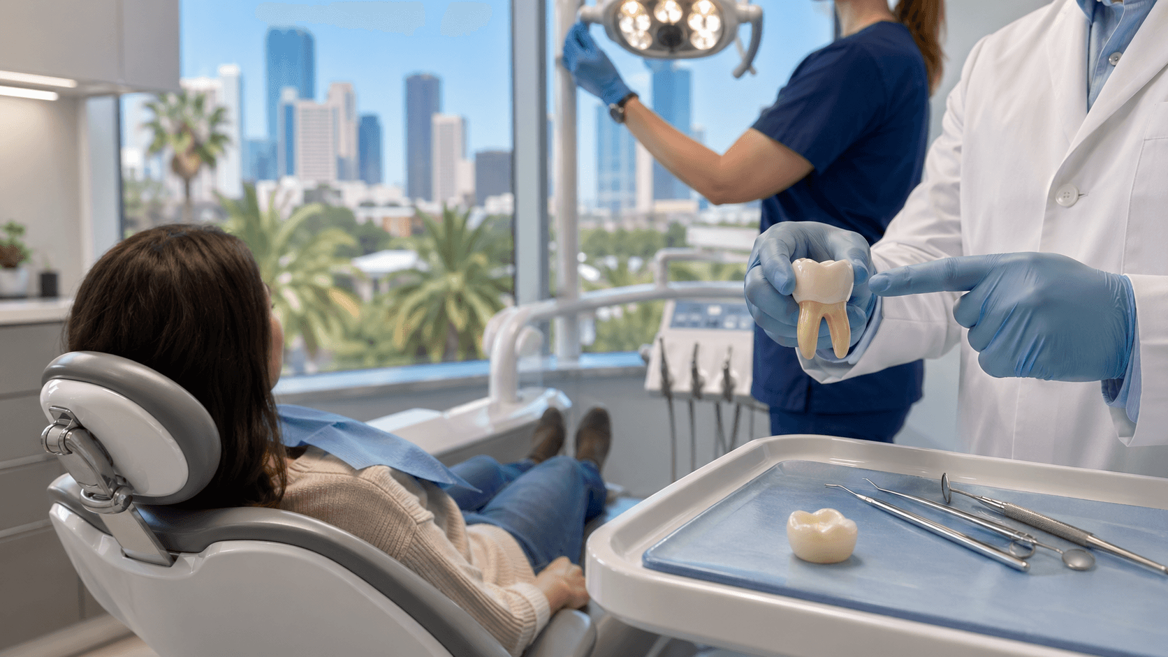 Close-up of a dentist placing a white crown on a molar with dental tools under bright clinic lighting