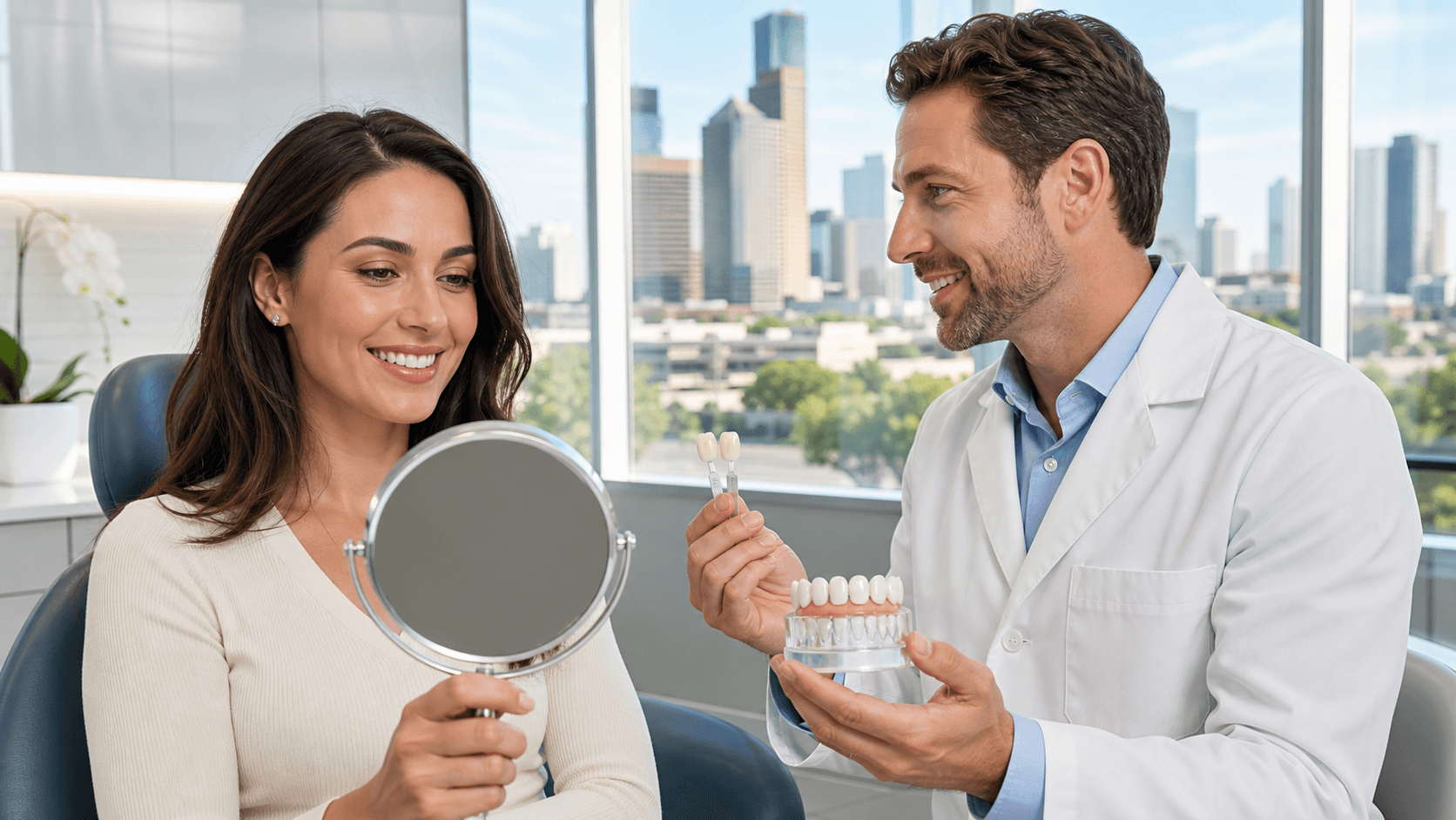 Smiling woman compares a white dental veneer shade guide in a bright, modern dental office.