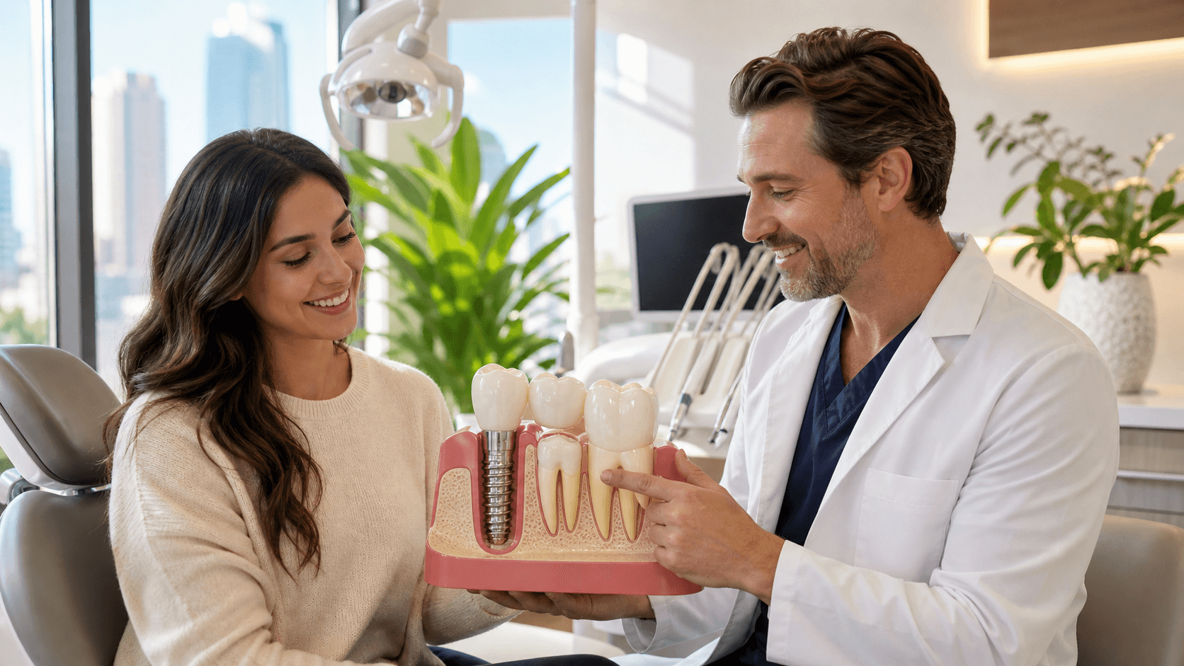 Smiling woman in a dental chair consults with a dentist holding a jaw model in a bright white clinic.