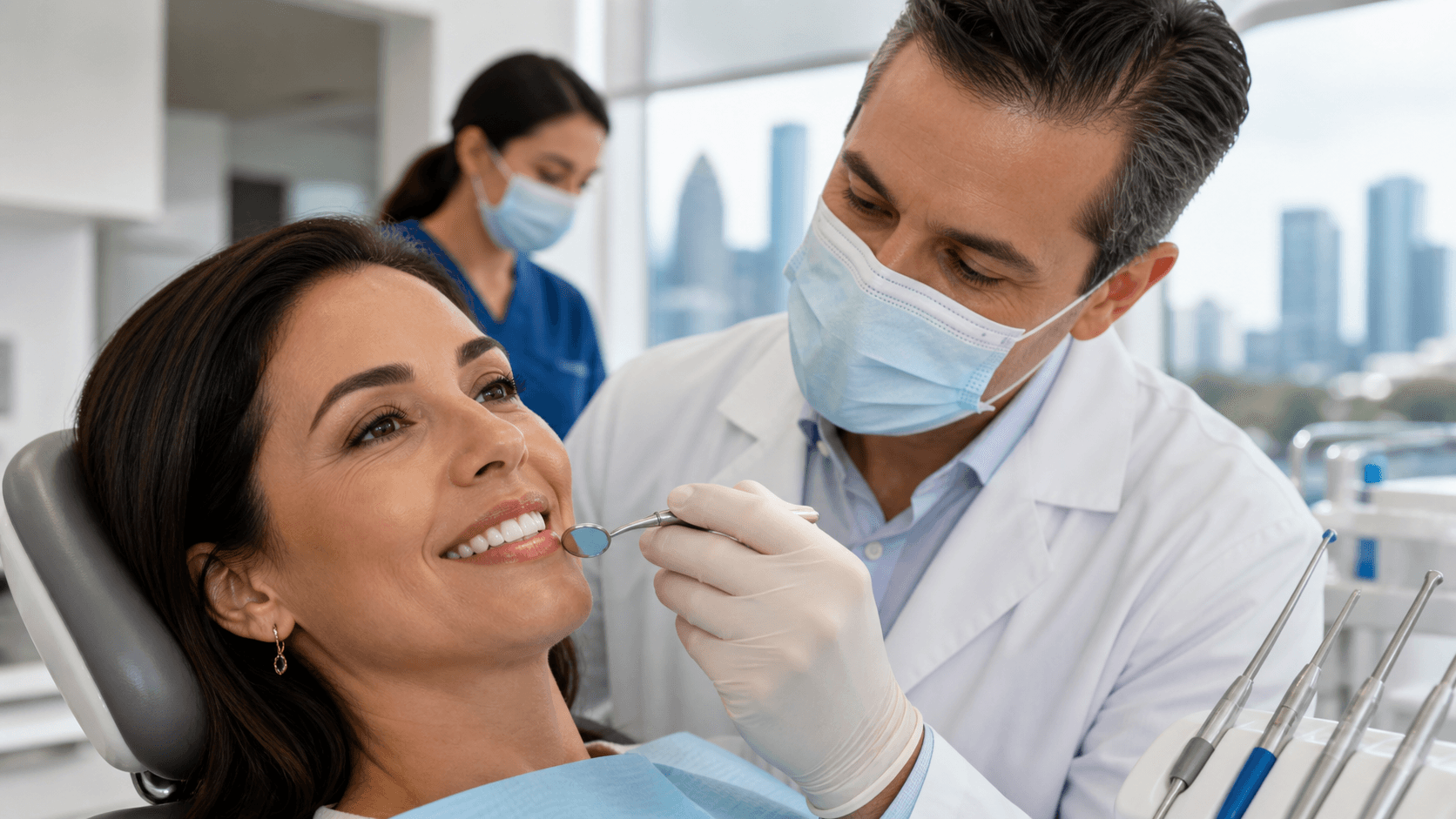 Close-up of a smiling woman touching her cheek beside a dental implant illustration on a blue background