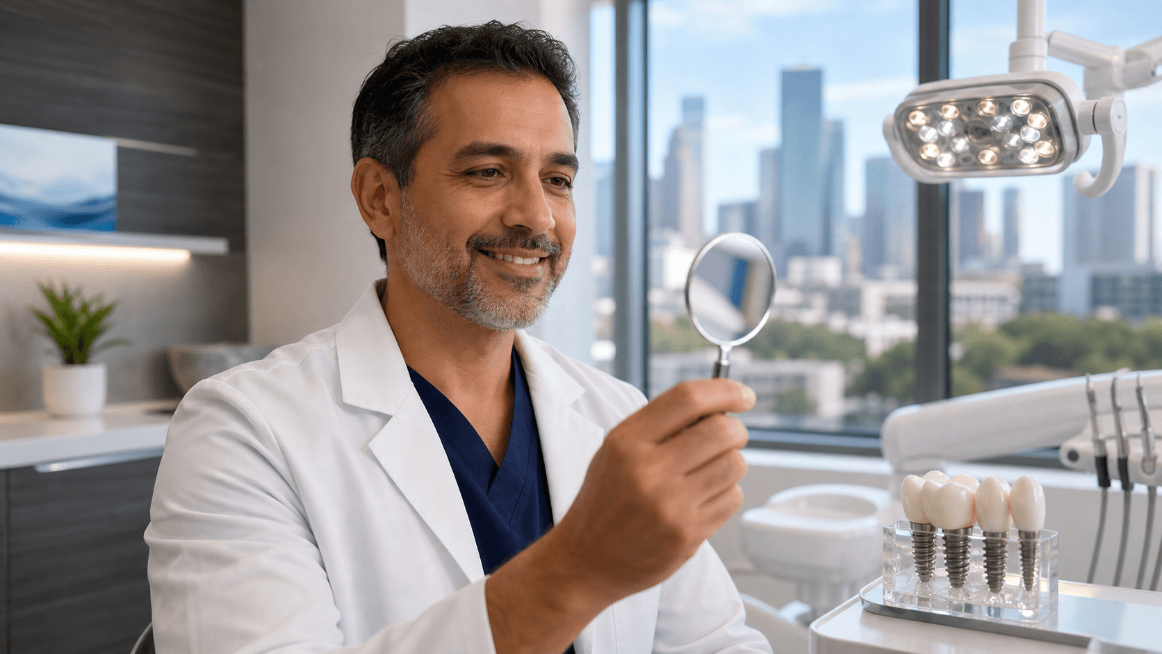 Smiling woman in a dental chair speaks with a dentist beside a bright window.