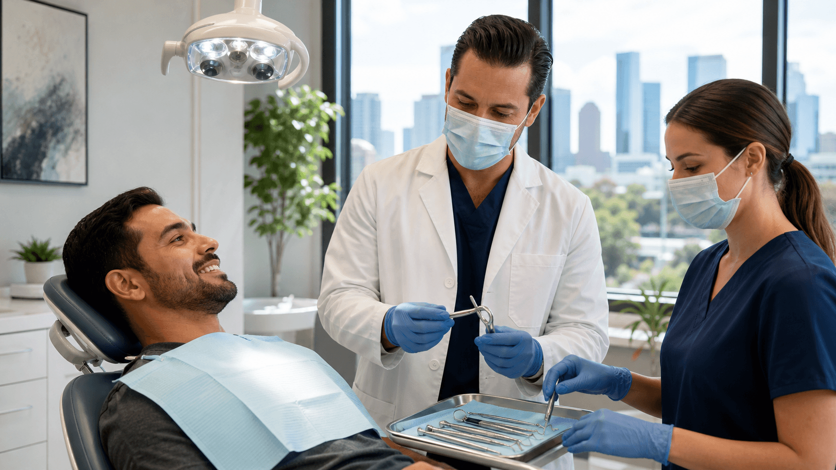 Dentist in blue gloves holds metal forceps over a molar model on a white desk under bright clinic lighting.