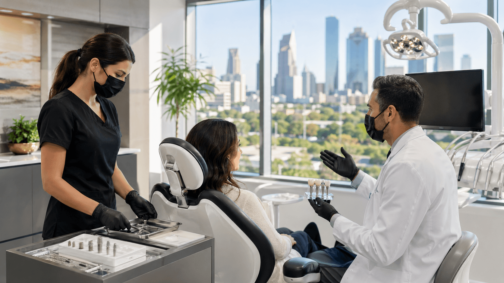 Smiling dentist in white coat holding a dental implant model in a bright, modern clinic with blue accents.
