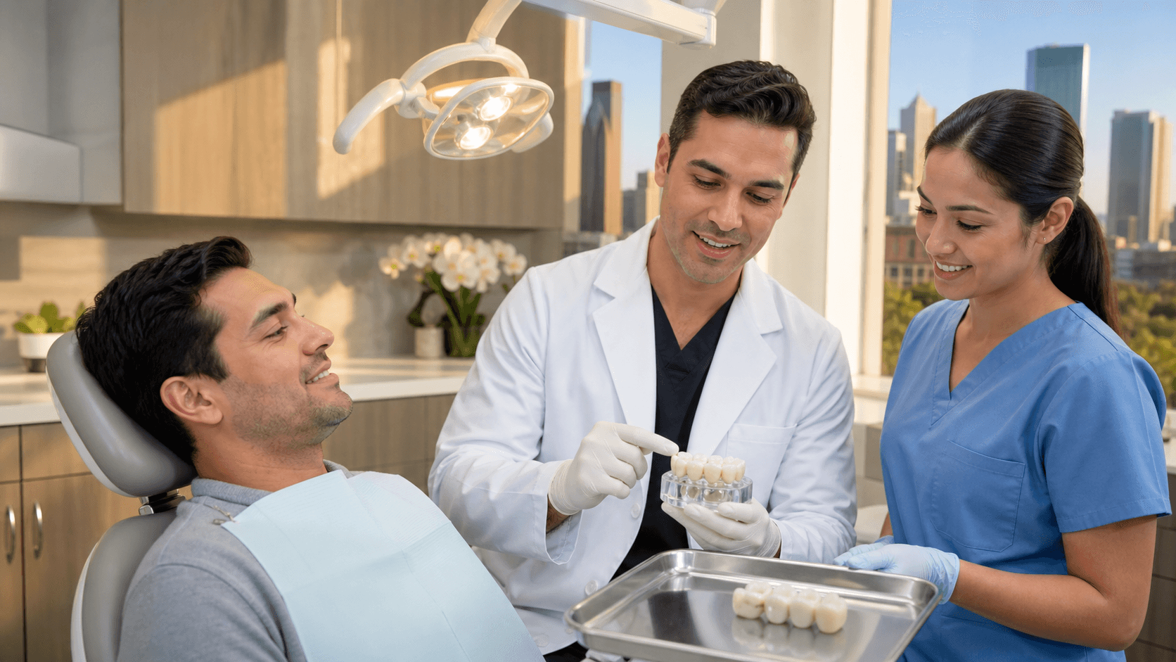Close-up of a smiling mouth with a tooth bridge highlighted in blue, dental tools blurred in a bright clinic background.
