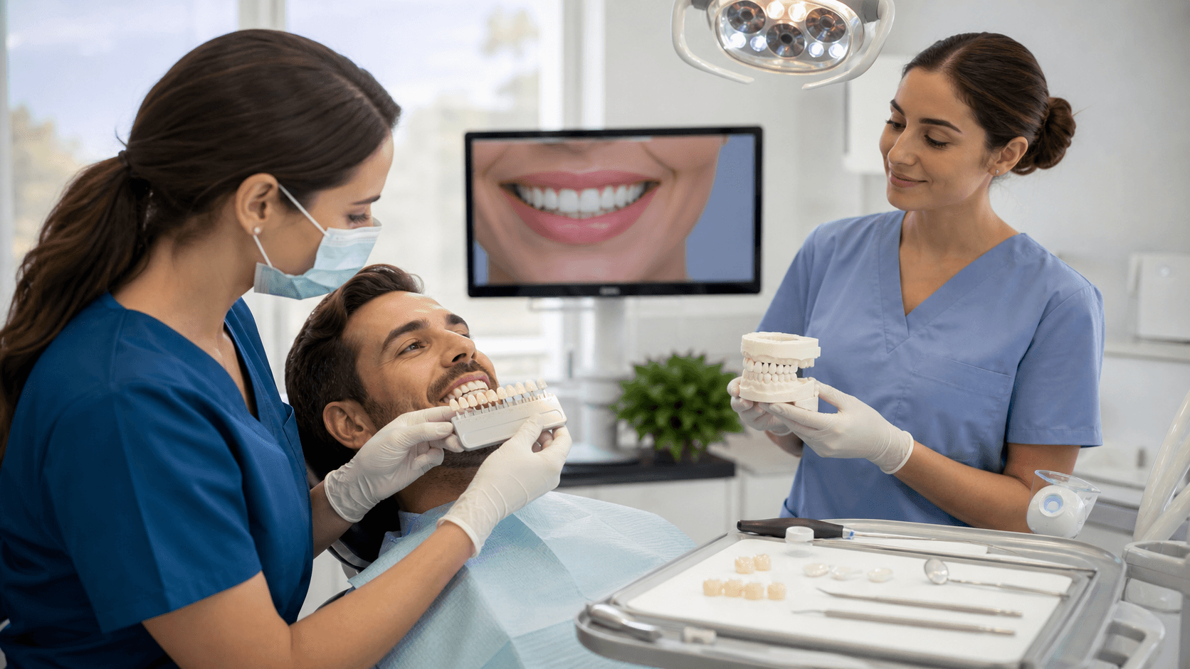 Close-up of a bright smile with white veneers as a gloved dentist holds a shade guide under soft clinic lighting.
