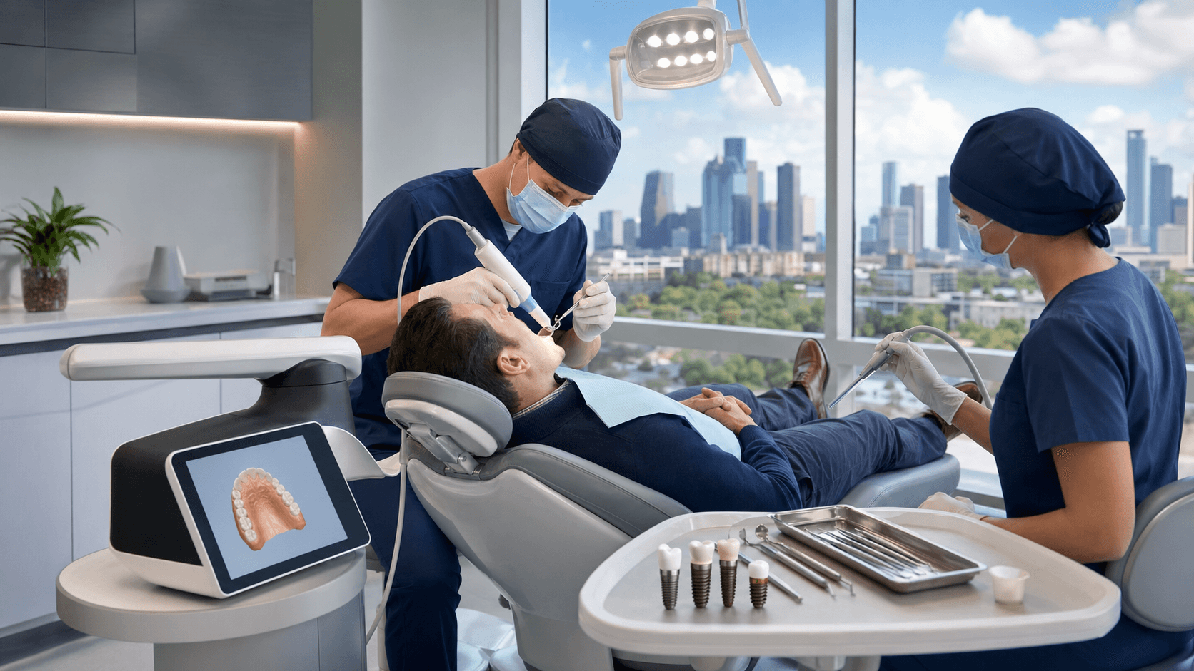 Smiling patient in a dental chair under bright exam light as a dentist holds implant tools near a tooth model.