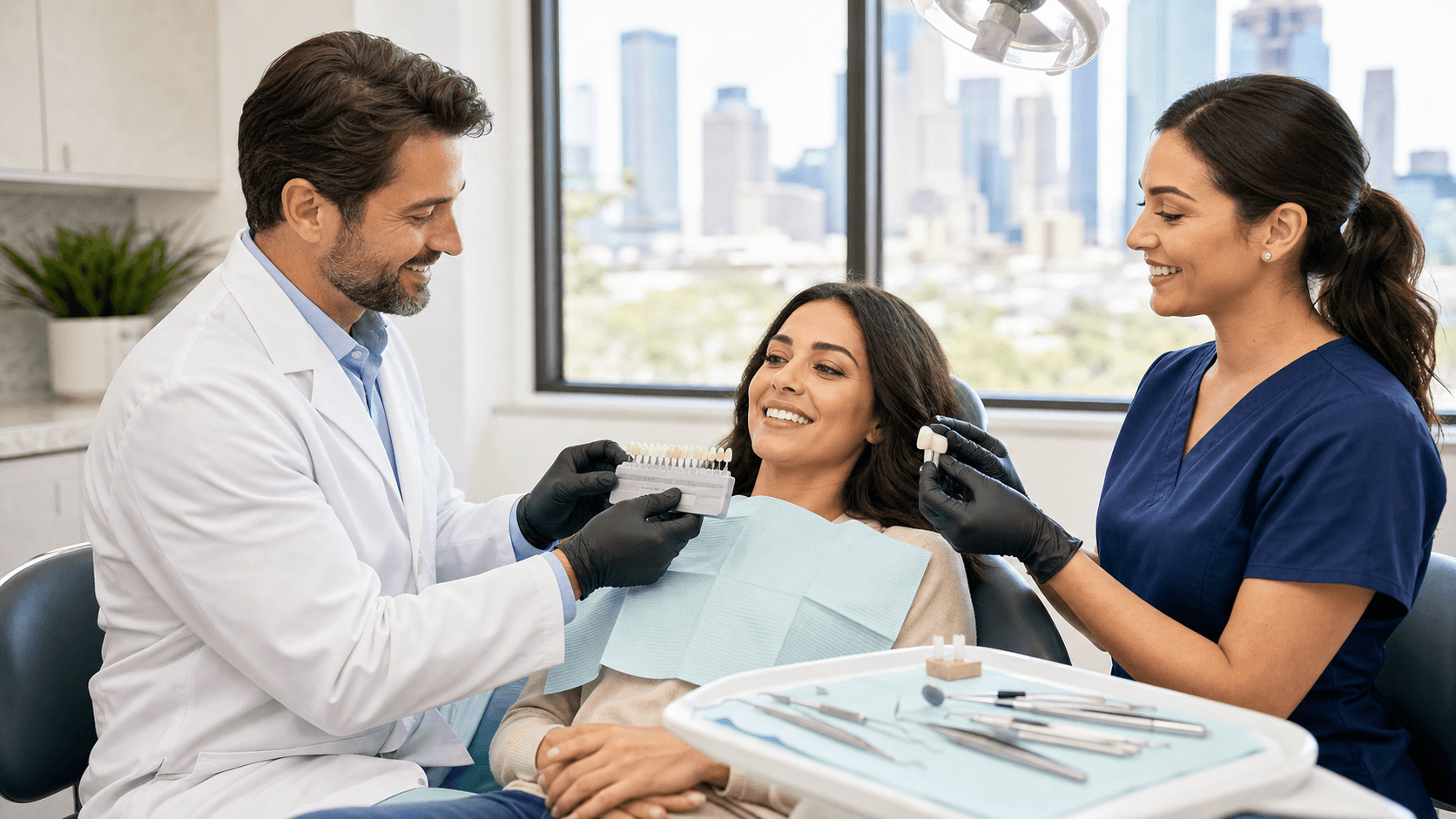 Dentist in blue gloves holds a dental mirror and tool over a smiling patient in a bright clinic.