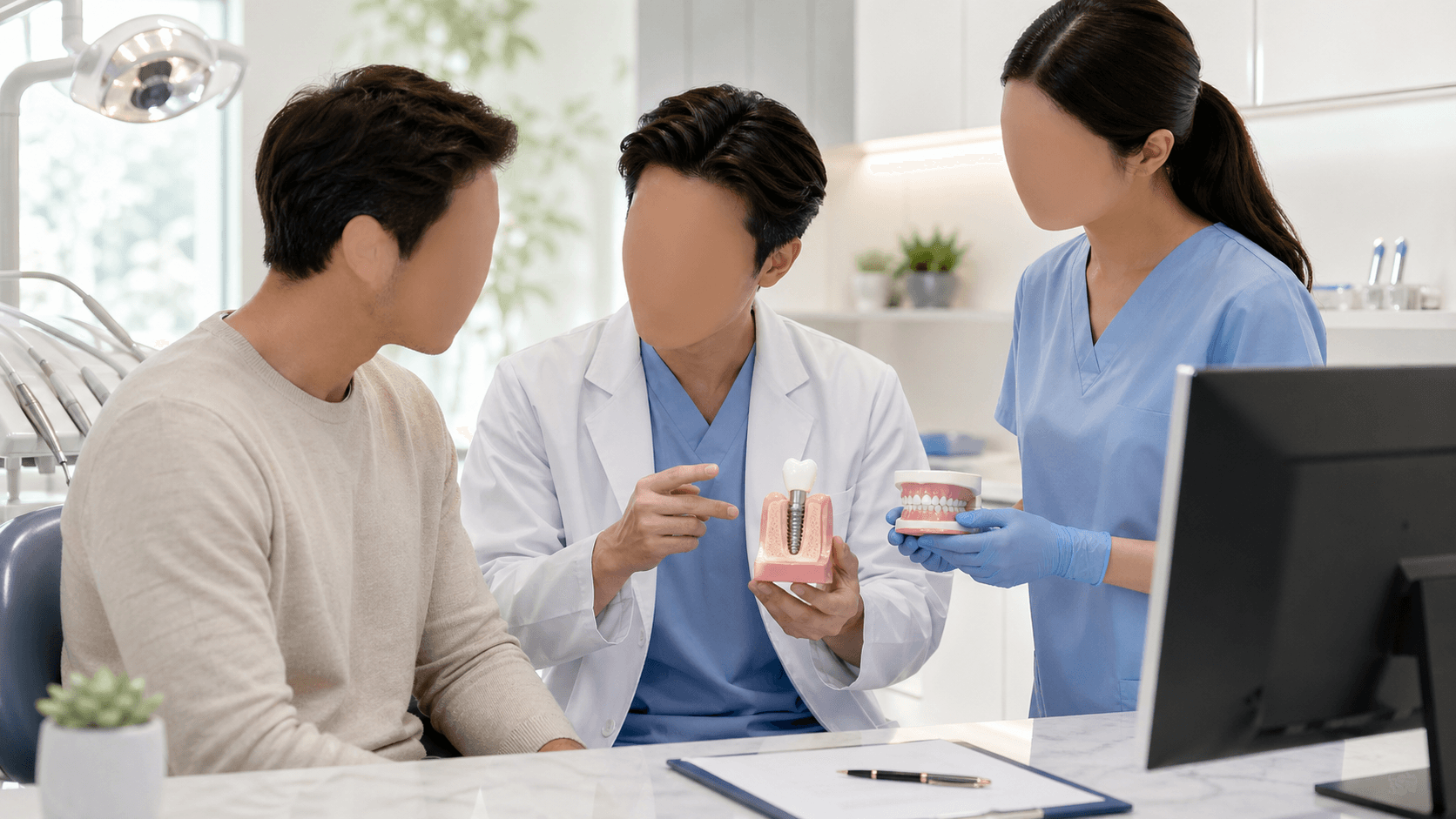 Smiling dentist in white coat points at dental implant diagram on tablet beside seated patient in bright clinic.