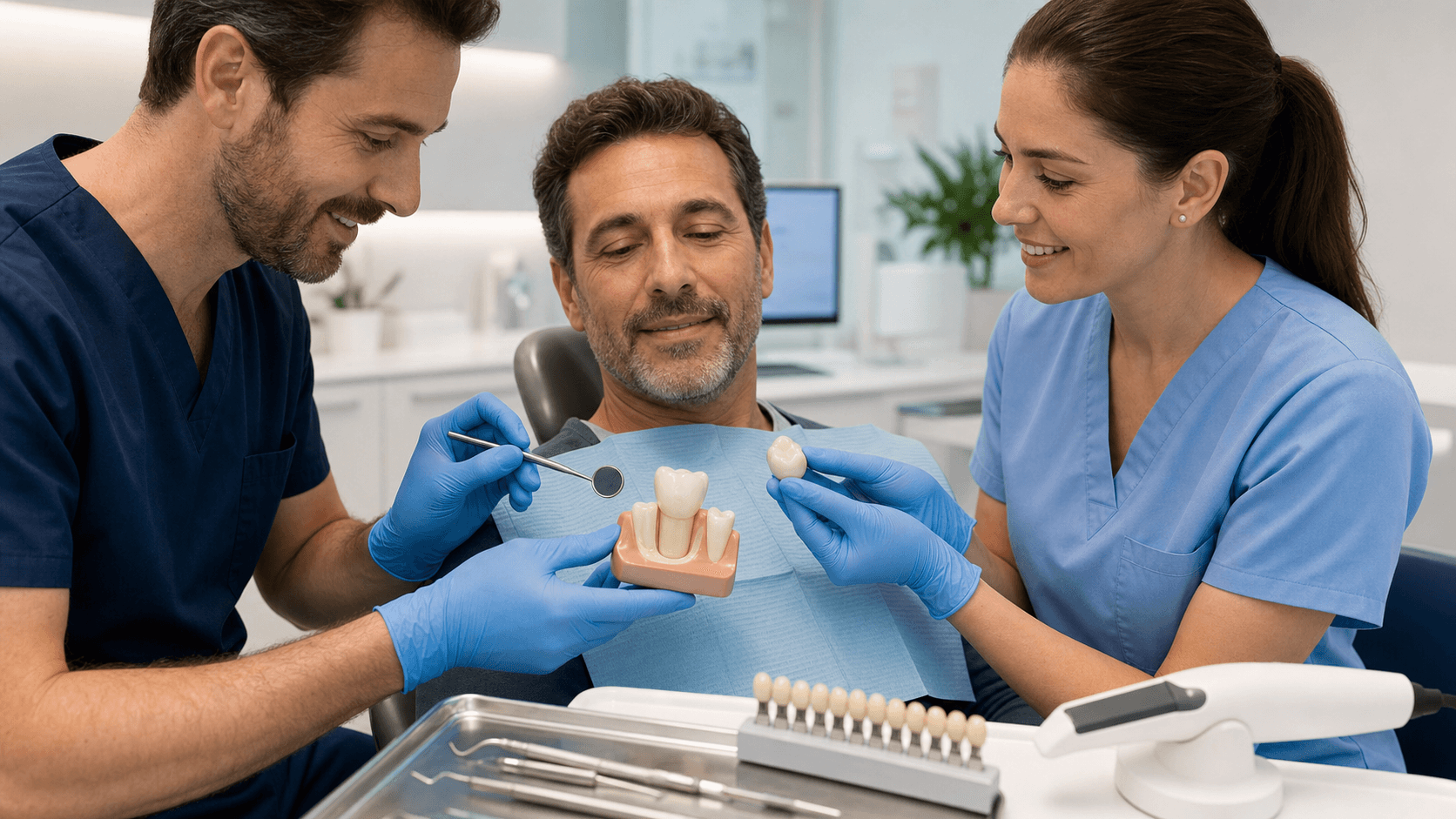 Close-up of a dentist holding a white dental crown above a molar model, bright clinical lighting and blue gloves