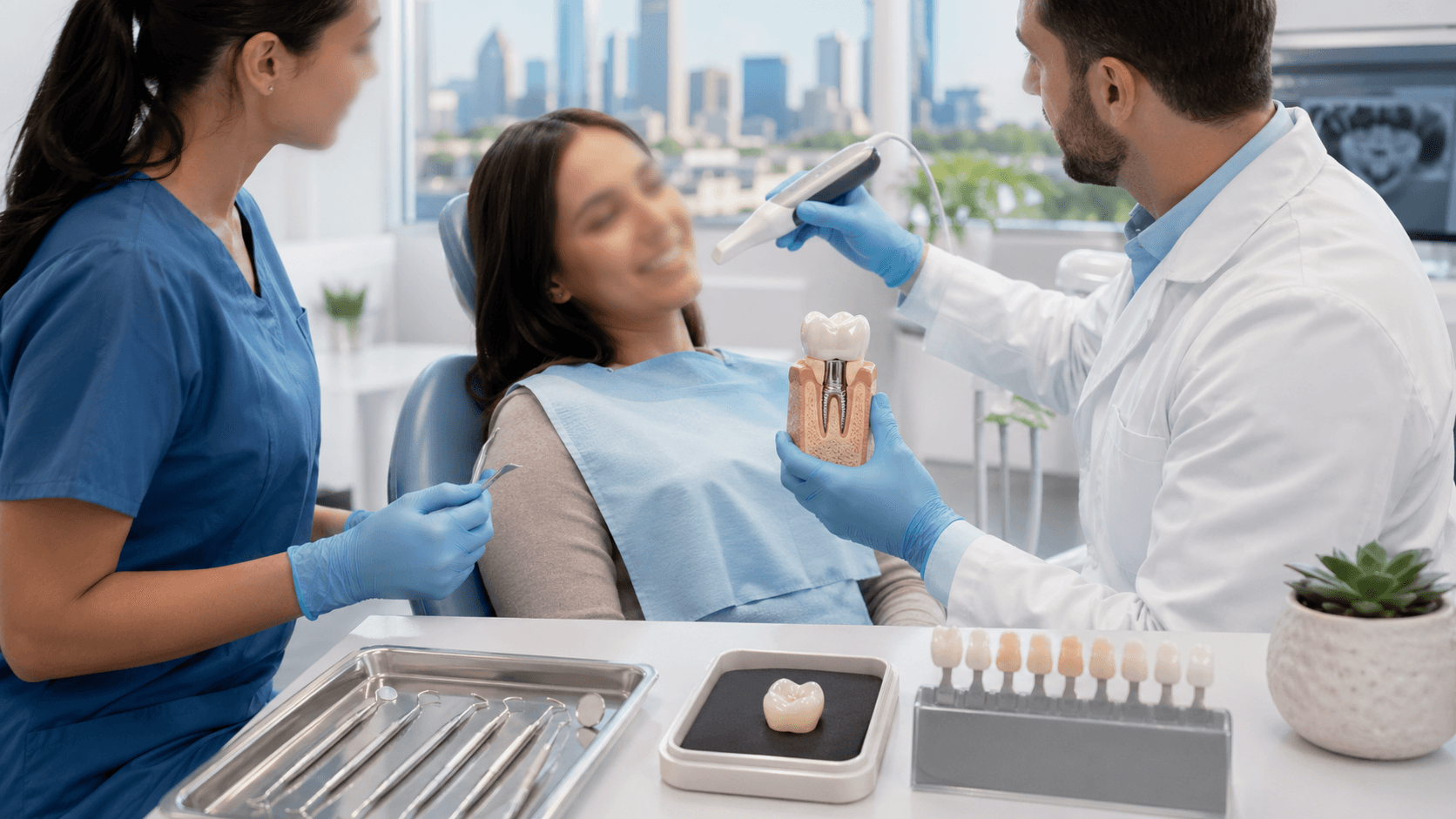 Smiling dentist in blue scrubs holds a tooth crown model beside a dental chair in a bright white clinic.