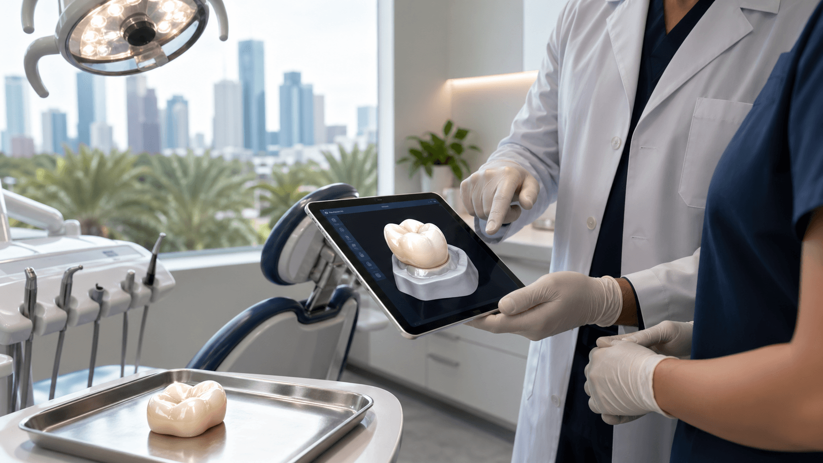 Smiling dentist in white coat holding a tooth crown model in a bright modern dental clinic with blue accents