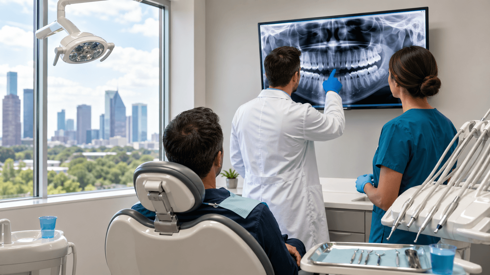 Close-up of a dentist in blue gloves examining a patient's open mouth under a bright overhead dental light