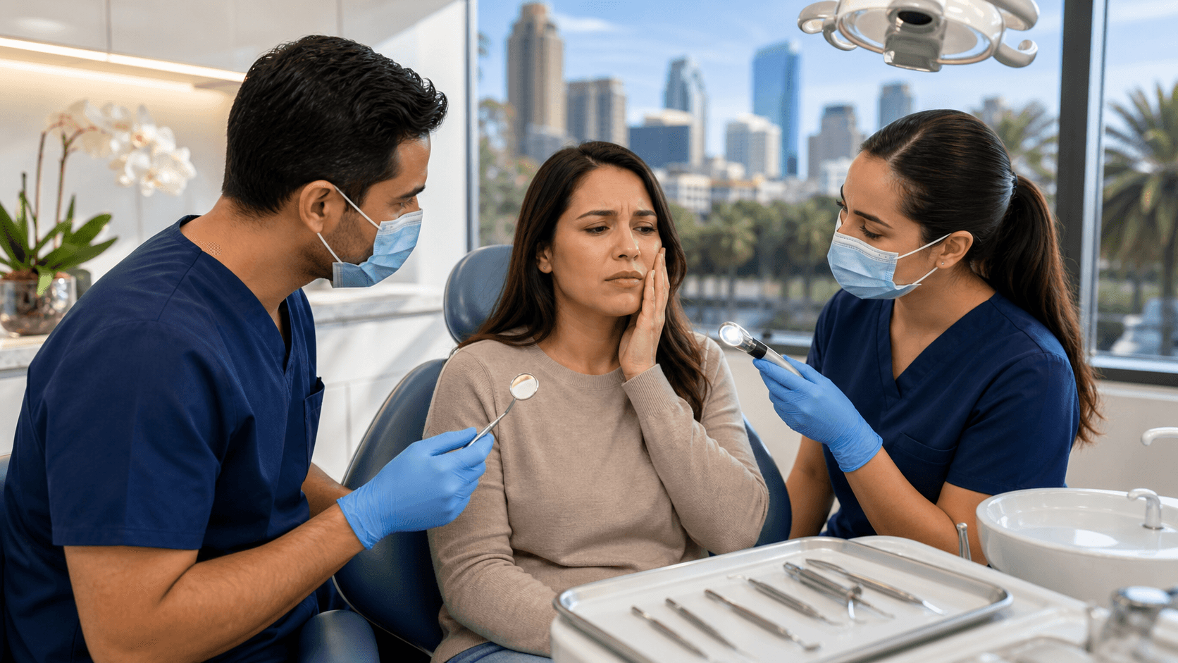 Close-up of a dentist holding forceps beside a tooth model, with bright clinic lighting and a teal background.