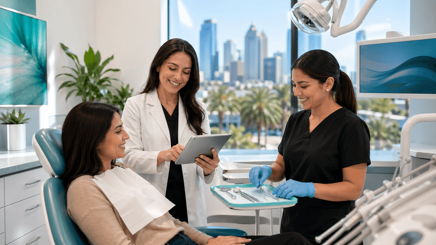 Bright dental clinic scene with a smiling dentist holding tools beside a reclining patient under an overhead exam light.