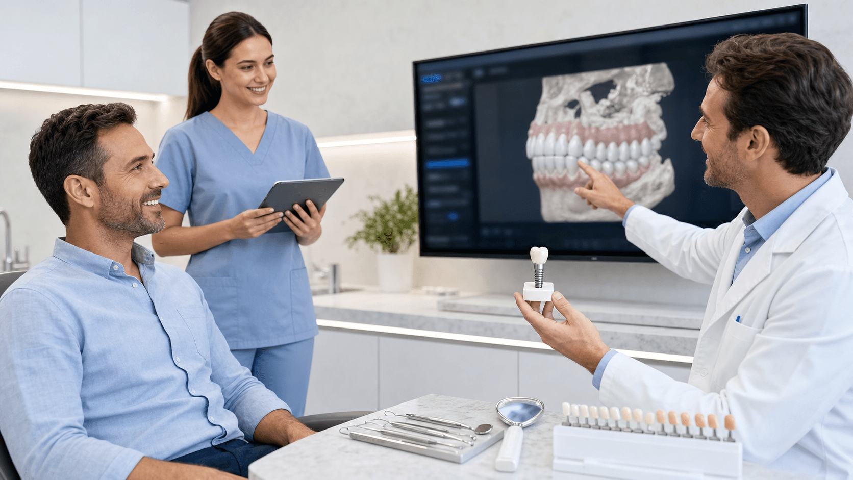 Smiling dentist in white coat points to a tooth implant model beside a patient in a bright clinic.