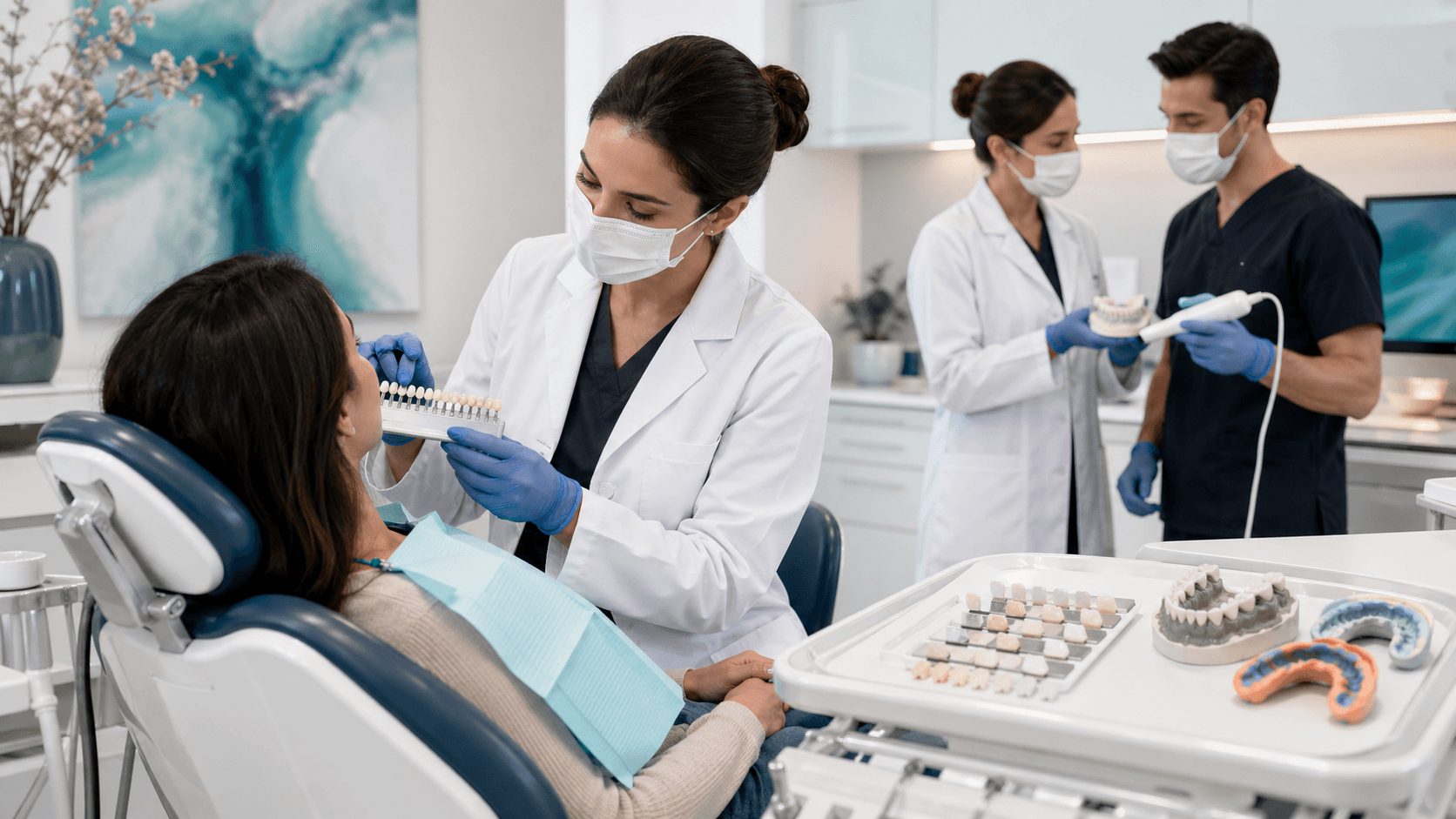 Close-up of a smiling mouth as a dentist places a thin white veneer on a front tooth under bright clinic light