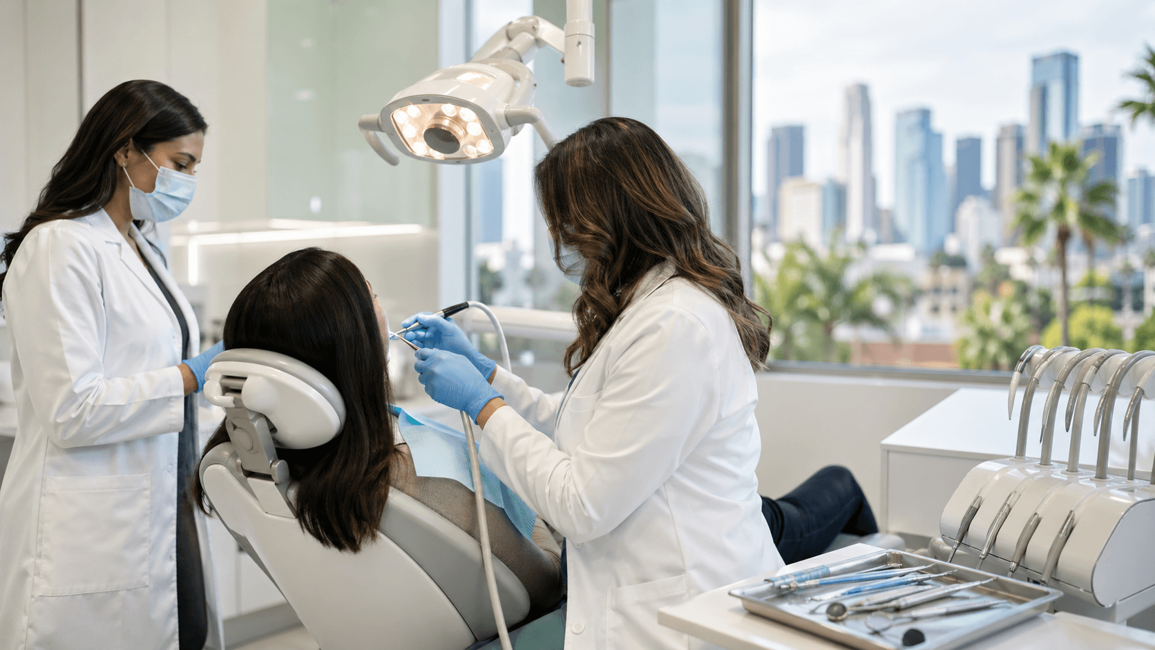 Close-up of a smiling mouth with dental mirror and tools, bright white background and soft clinical lighting.