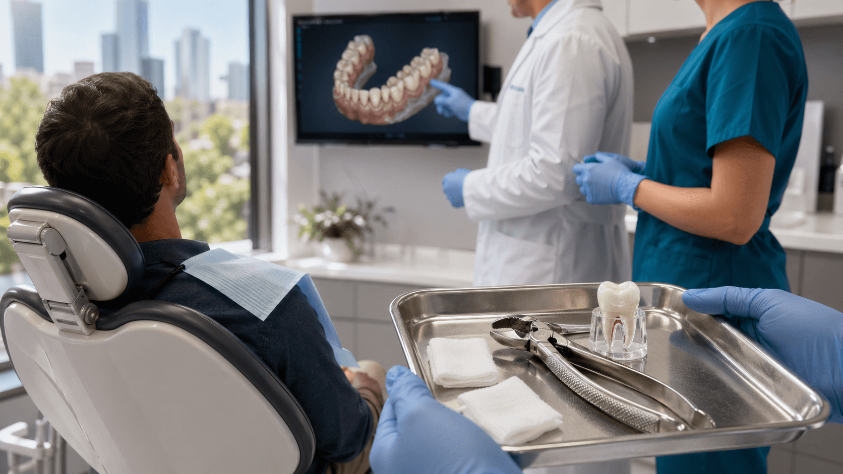 Close-up of dental forceps holding a tooth above a blue dental tray under bright clinical lighting.
