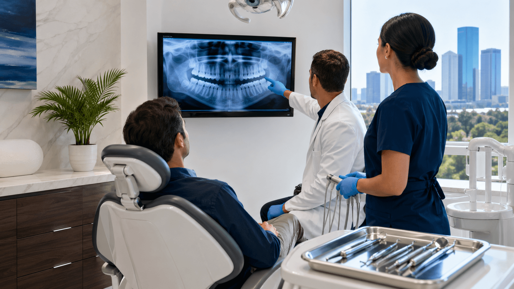 Close-up of a dentist in blue gloves examining teeth with a dental mirror under bright clinic lighting