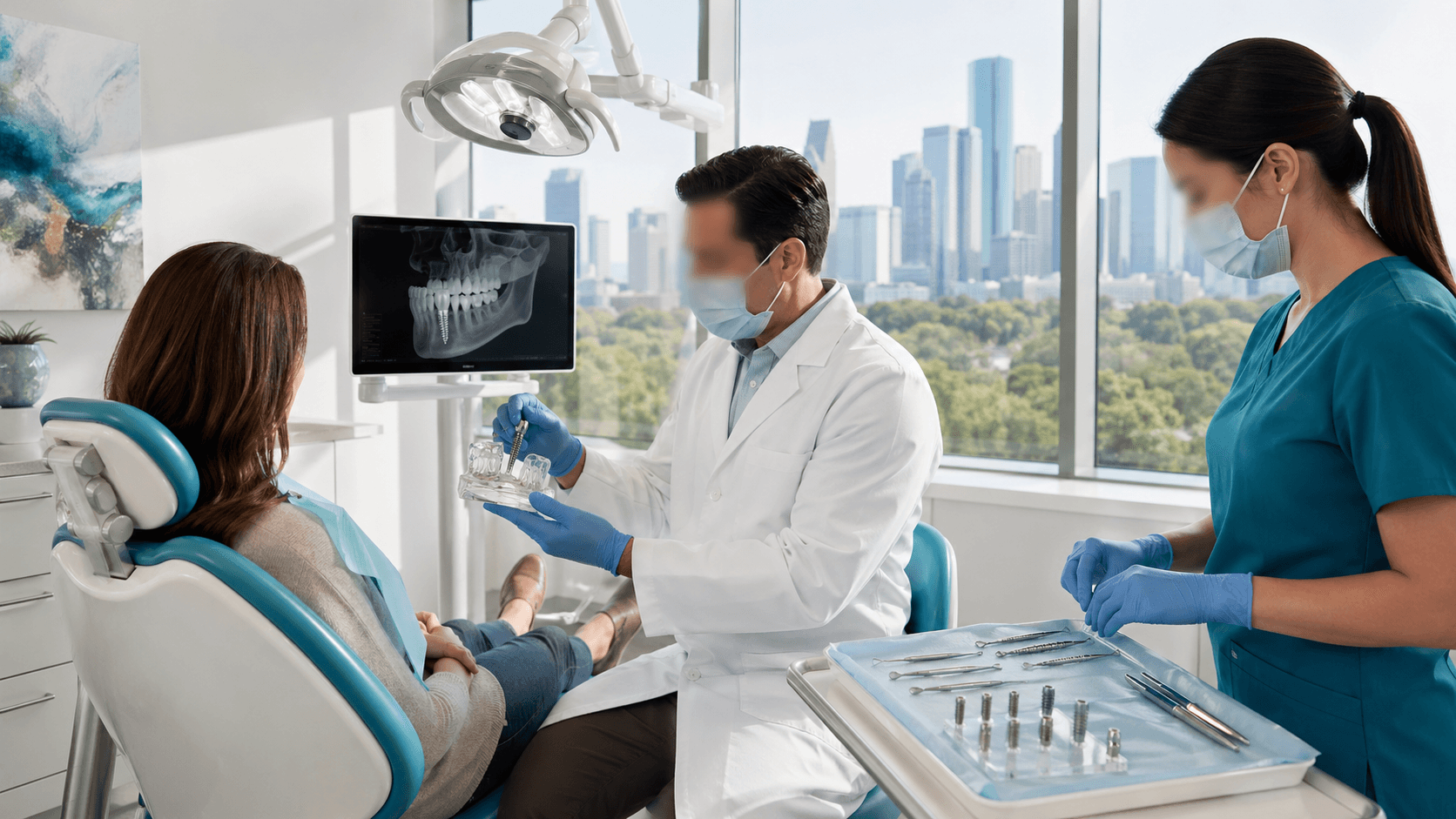 Smiling dentist in blue scrubs holding a dental implant model in a bright, modern clinic with white walls.